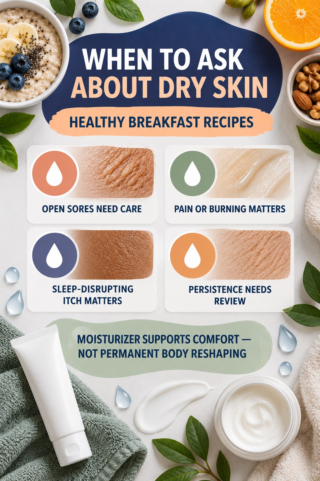 Know When Dry Skin Needs Professional Review body-moisturization infographic for Healthy Breakfast Recipes with four body-neutral comfort actions.