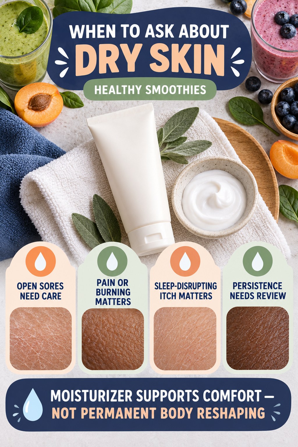 Know When Dry Skin Needs Professional Review body-moisturization infographic for Healthy Smoothies with four body-neutral comfort actions.