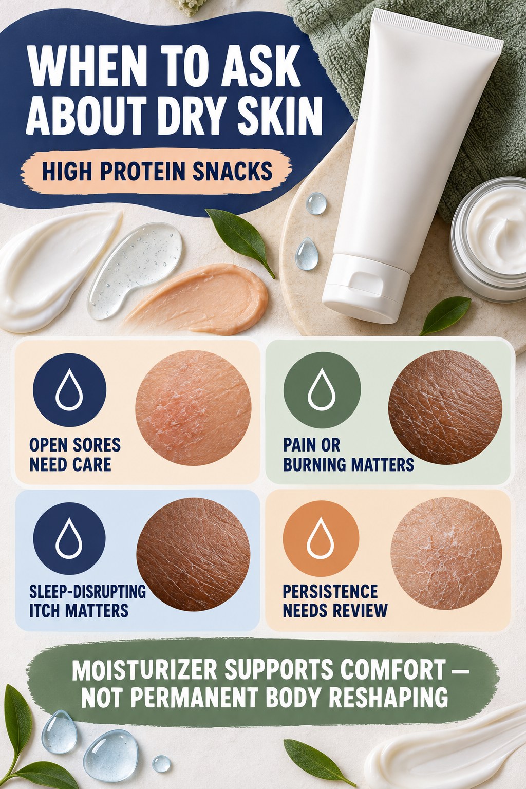 Know When Dry Skin Needs Professional Review body-moisturization infographic for High Protein Snacks with four body-neutral comfort actions.