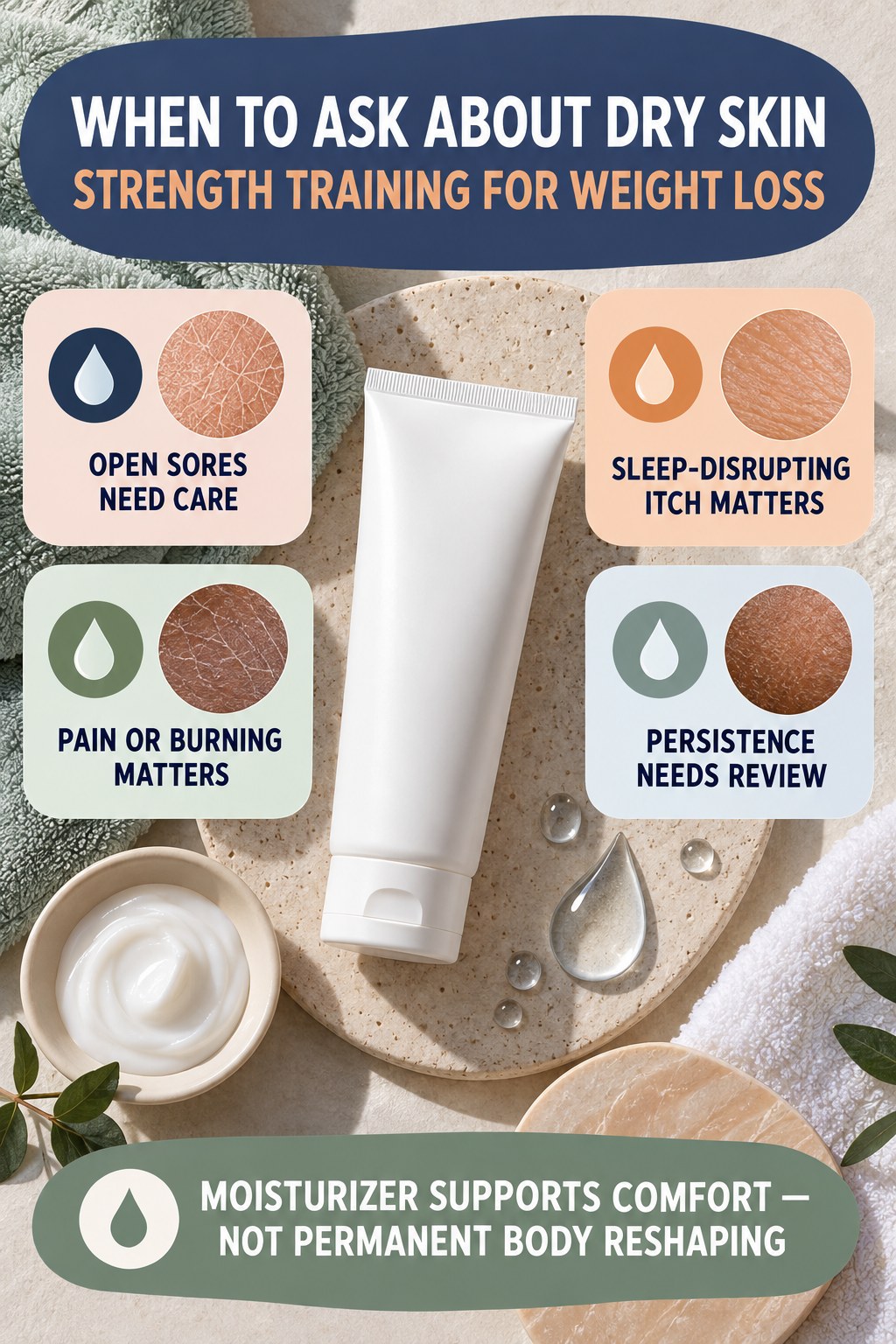 Know When Dry Skin Needs Professional Review body-moisturization infographic for Strength Training for Weight Loss with four body-neutral comfort actions.