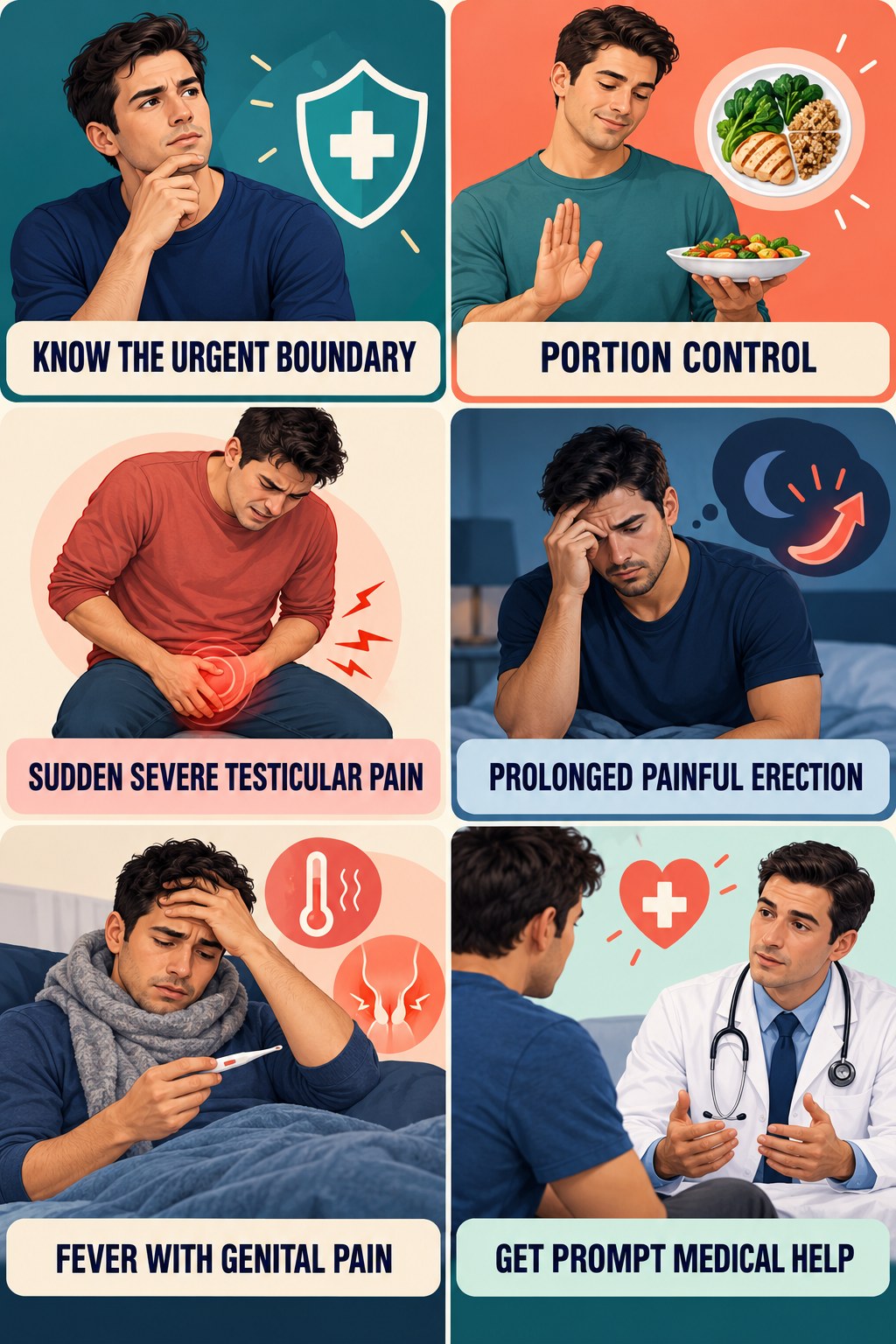 Know When Sexual Symptoms Are Urgent infographic for Portion Control with four concise, non-shaming sexual-health education points.