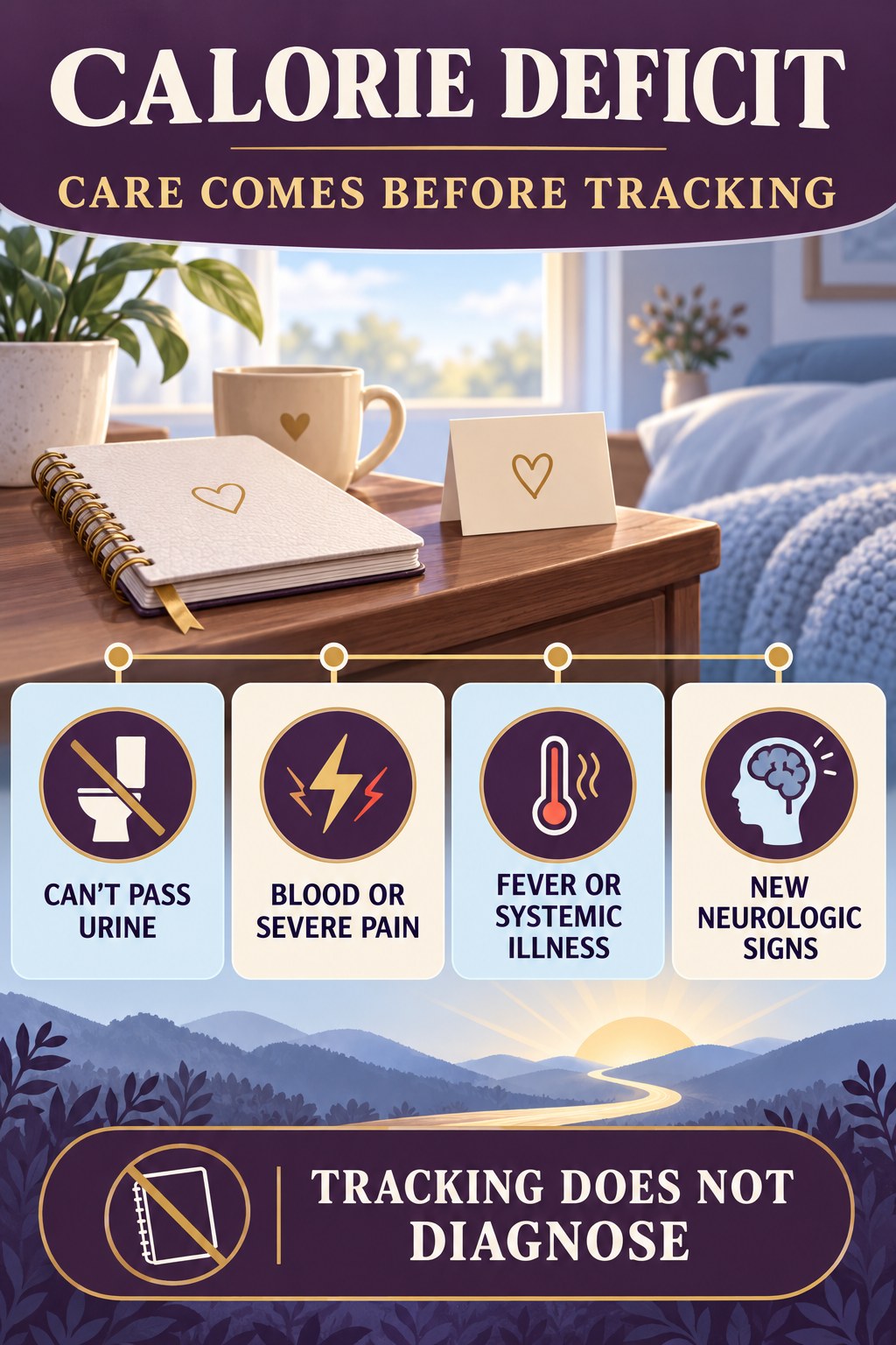 Know When the Diary Must Wait urinary symptom tracking infographic for Calorie Deficit with four practical diary points and a non-diagnostic reminder.