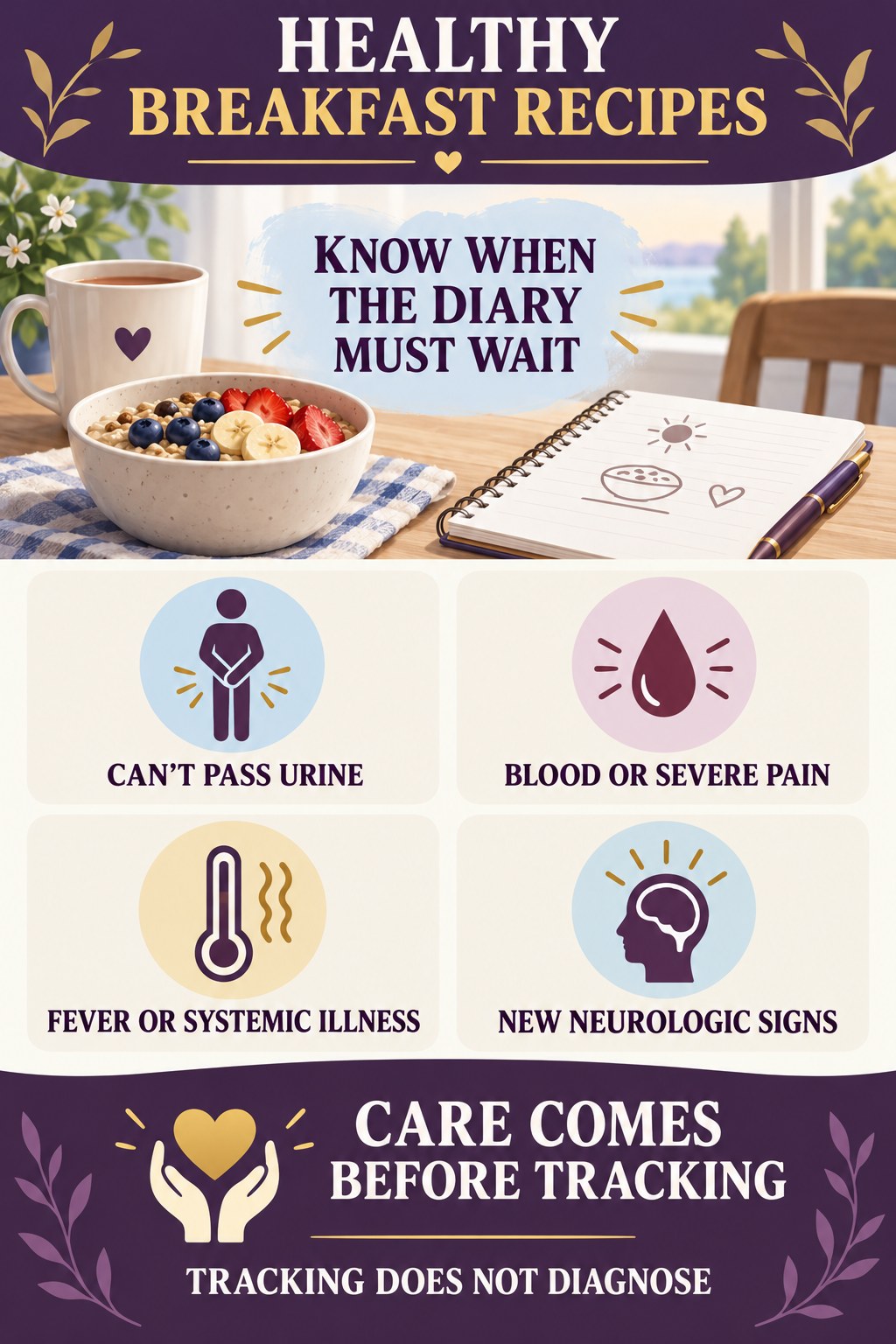 Know When the Diary Must Wait urinary symptom tracking infographic for Healthy Breakfast Recipes with four practical diary points and a non-diagnostic reminder.