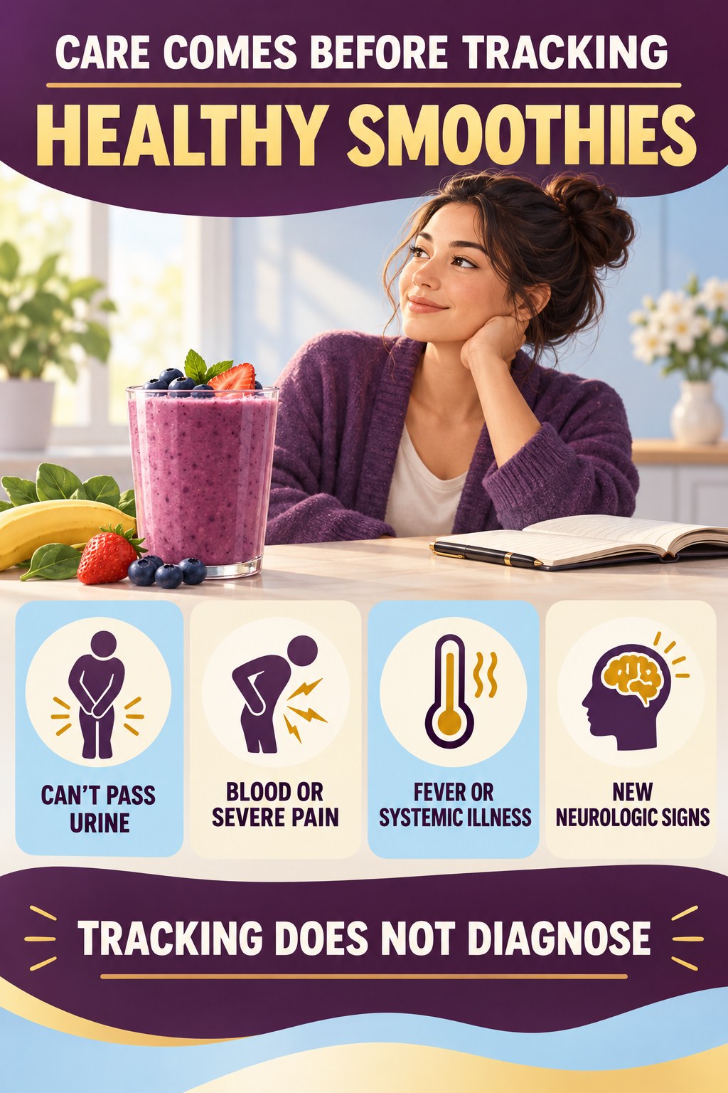 Know When the Diary Must Wait urinary symptom tracking infographic for Healthy Smoothies with four practical diary points and a non-diagnostic reminder.