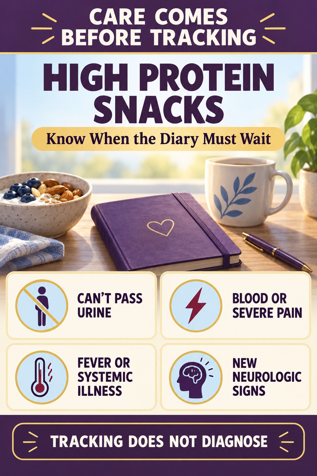 Know When the Diary Must Wait urinary symptom tracking infographic for High Protein Snacks with four practical diary points and a non-diagnostic reminder.