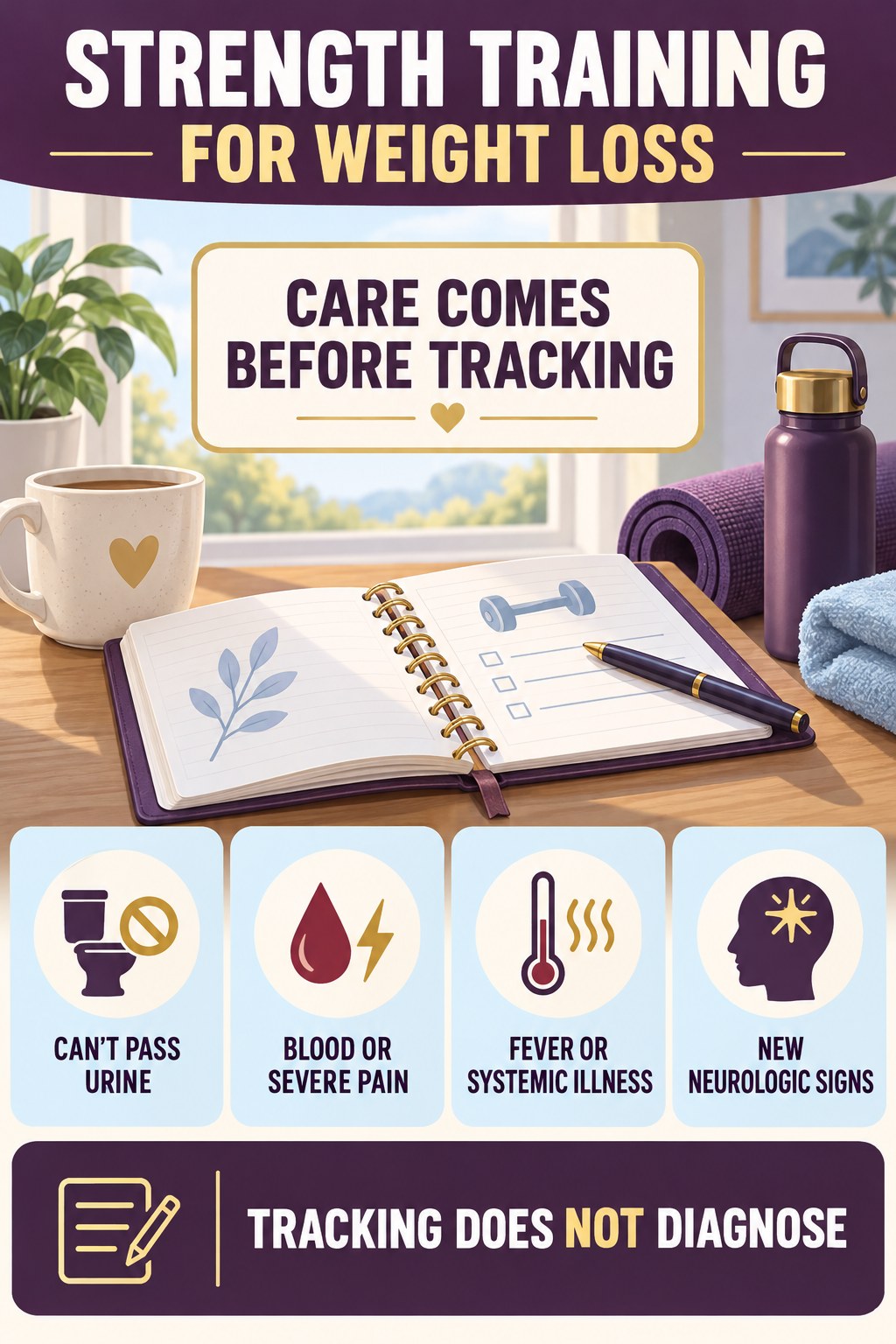 Know When the Diary Must Wait urinary symptom tracking infographic for Strength Training for Weight Loss with four practical diary points and a non-diagnostic reminder.