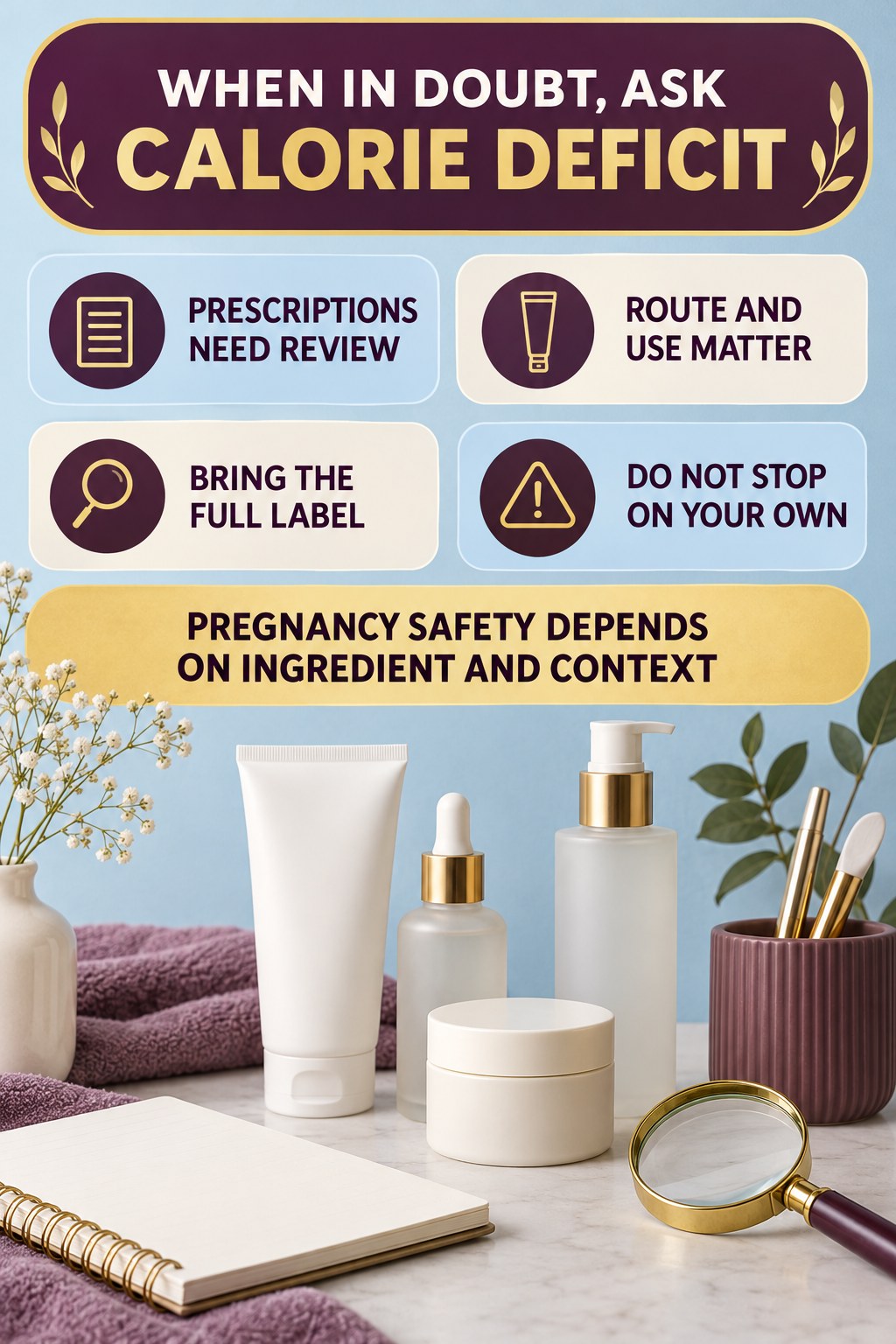 Know When to Ask a Clinician or Pharmacist pregnancy skincare ingredient-question infographic for Calorie Deficit with four careful label-review points.