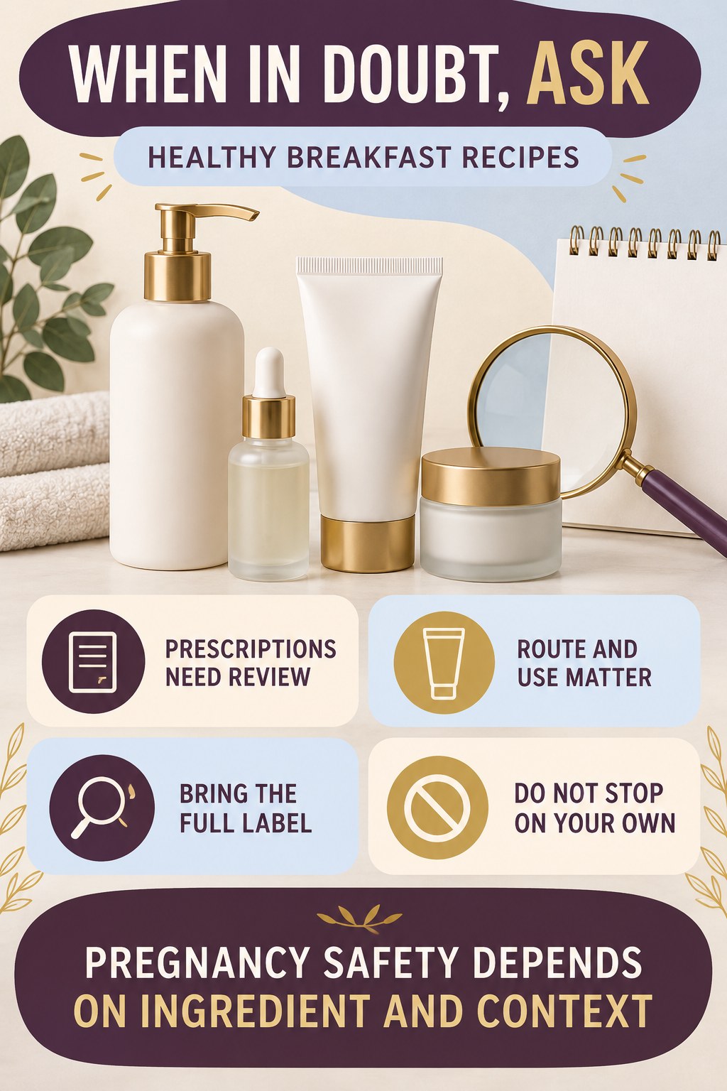 Know When to Ask a Clinician or Pharmacist pregnancy skincare ingredient-question infographic for Healthy Breakfast Recipes with four careful label-review points.