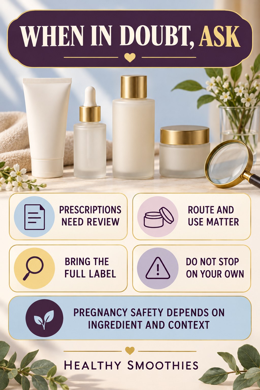Know When to Ask a Clinician or Pharmacist pregnancy skincare ingredient-question infographic for Healthy Smoothies with four careful label-review points.