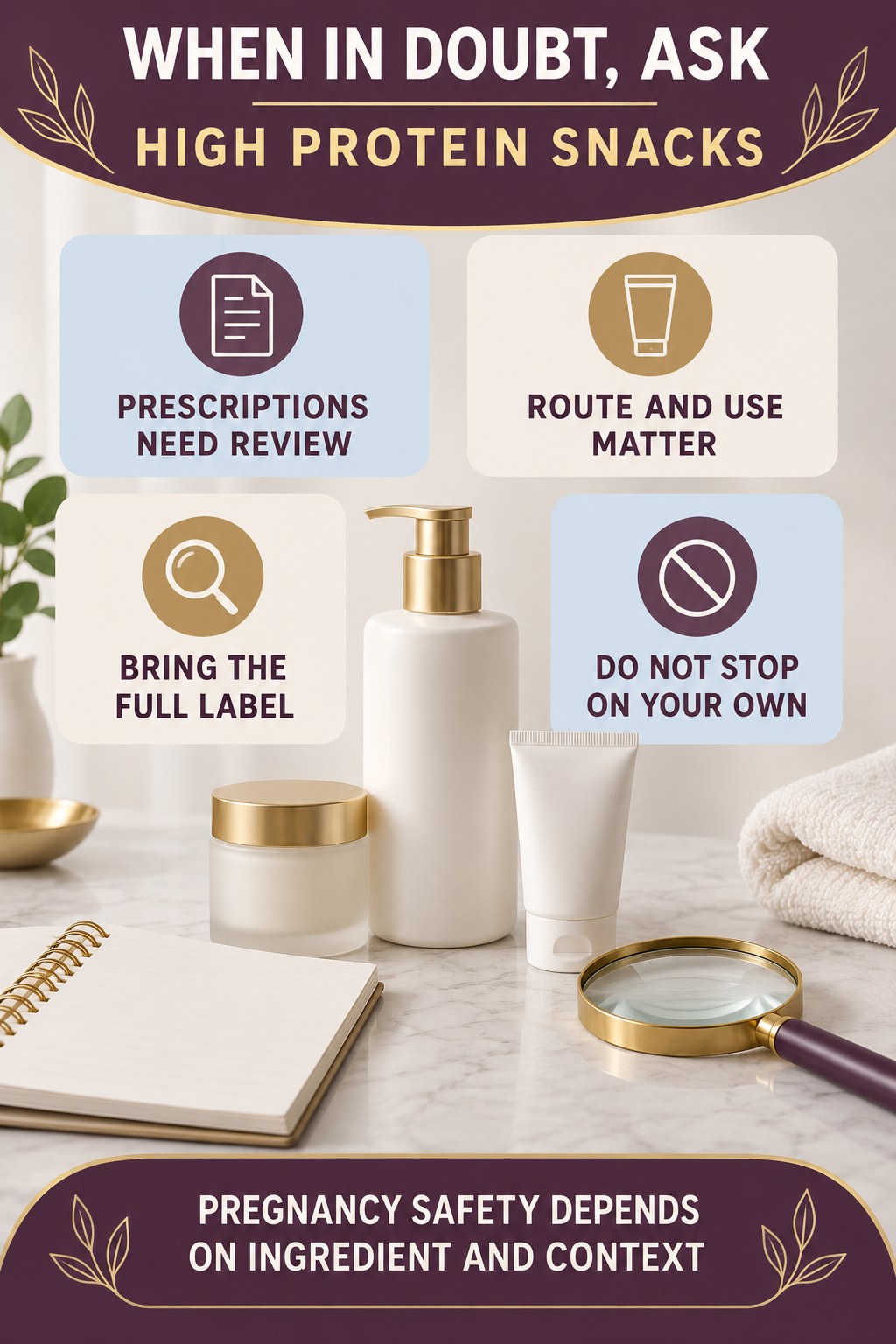 Know When to Ask a Clinician or Pharmacist pregnancy skincare ingredient-question infographic for High Protein Snacks with four careful label-review points.