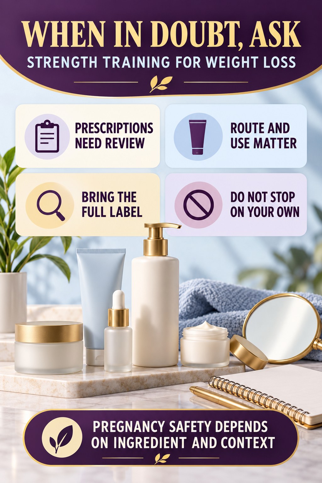 Know When to Ask a Clinician or Pharmacist pregnancy skincare ingredient-question infographic for Strength Training for Weight Loss with four careful label-review points.
