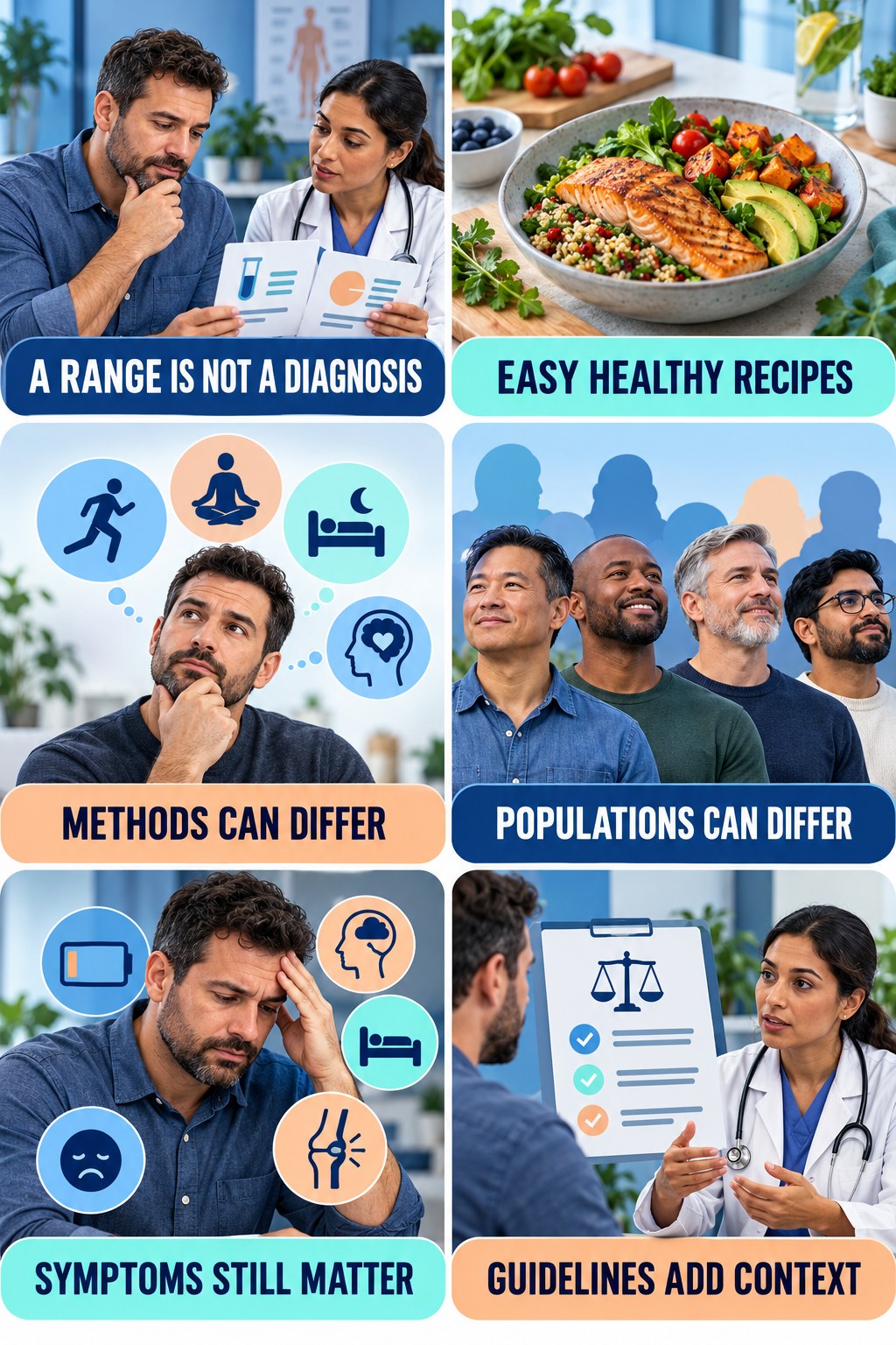 Lab Ranges Need Clinical Interpretation testosterone-health-awareness infographic for Easy Healthy Recipes with four concise educational checks.