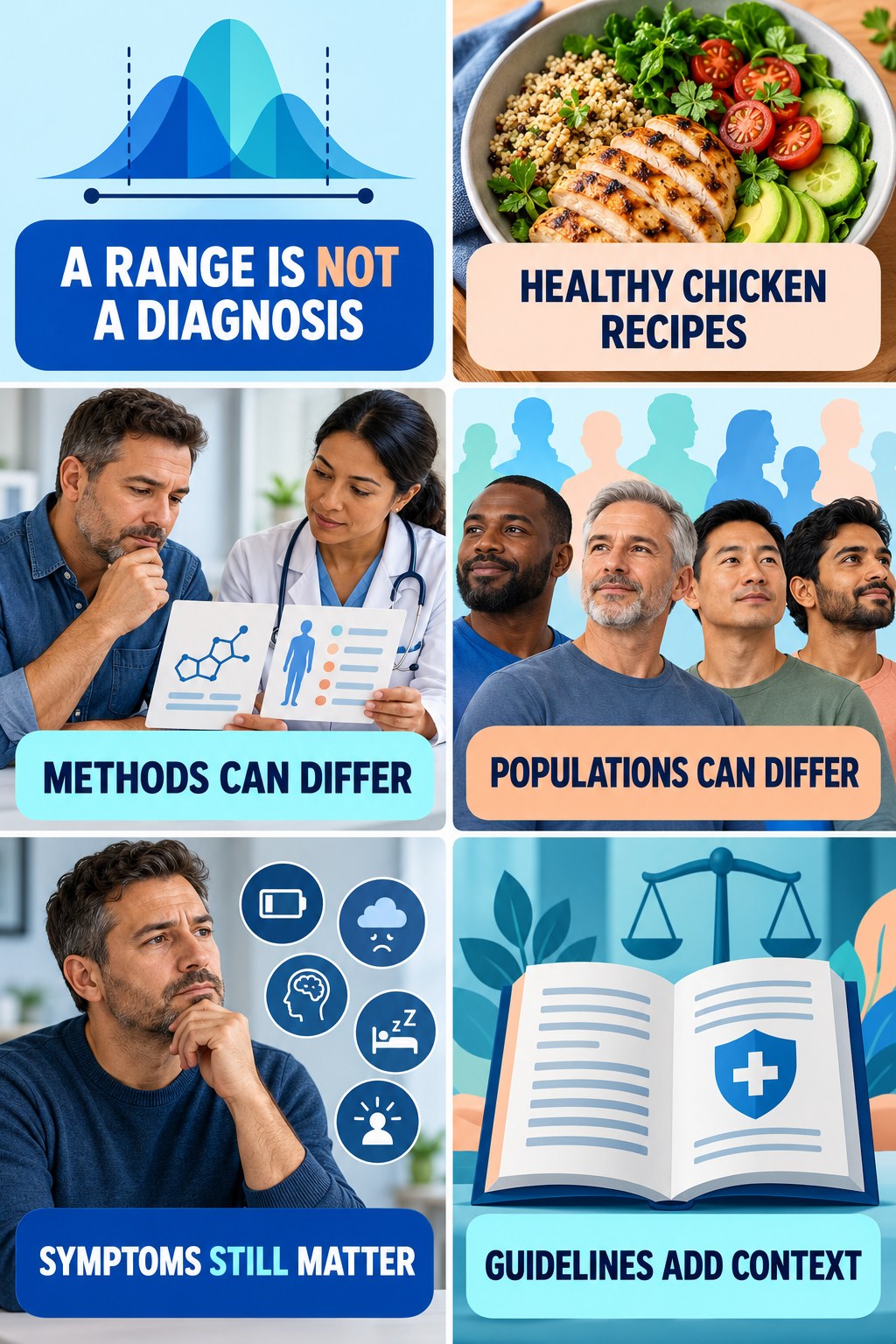 Lab Ranges Need Clinical Interpretation testosterone-health-awareness infographic for Healthy Chicken Recipes with four concise educational checks.