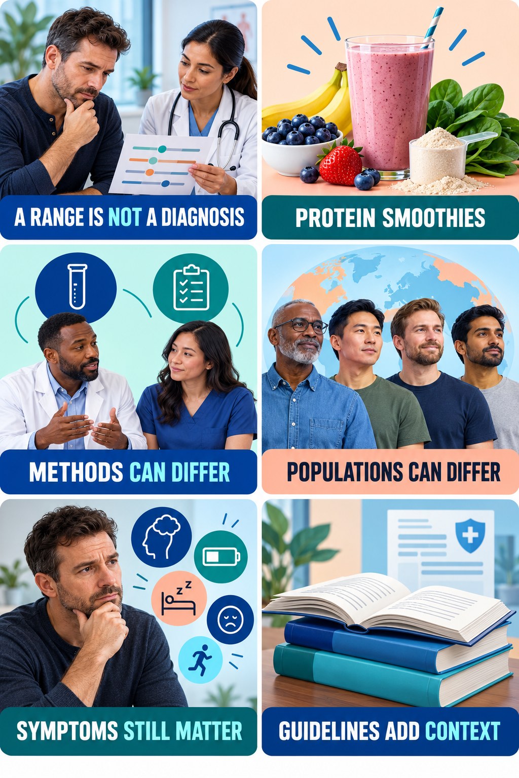 Lab Ranges Need Clinical Interpretation testosterone-health-awareness infographic for Protein Smoothies with four concise educational checks.