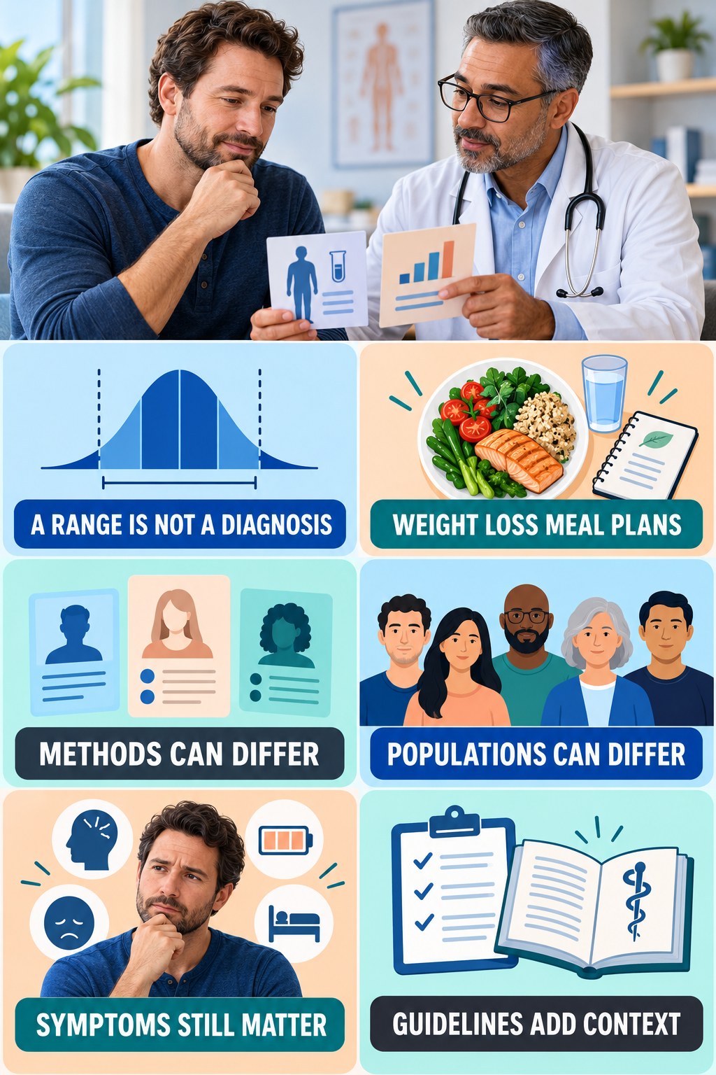 Lab Ranges Need Clinical Interpretation testosterone-health-awareness infographic for Weight Loss Meal Plans with four concise educational checks.