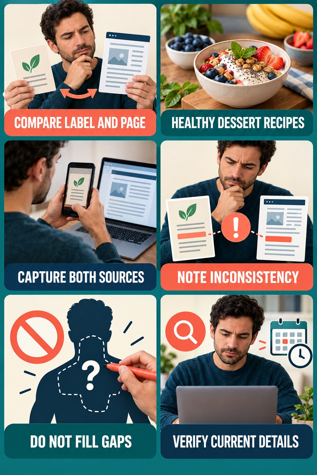 Label and Landing Page Differences Matter evidence-literacy infographic for Healthy Dessert Recipes with four concise claim-evaluation checks.