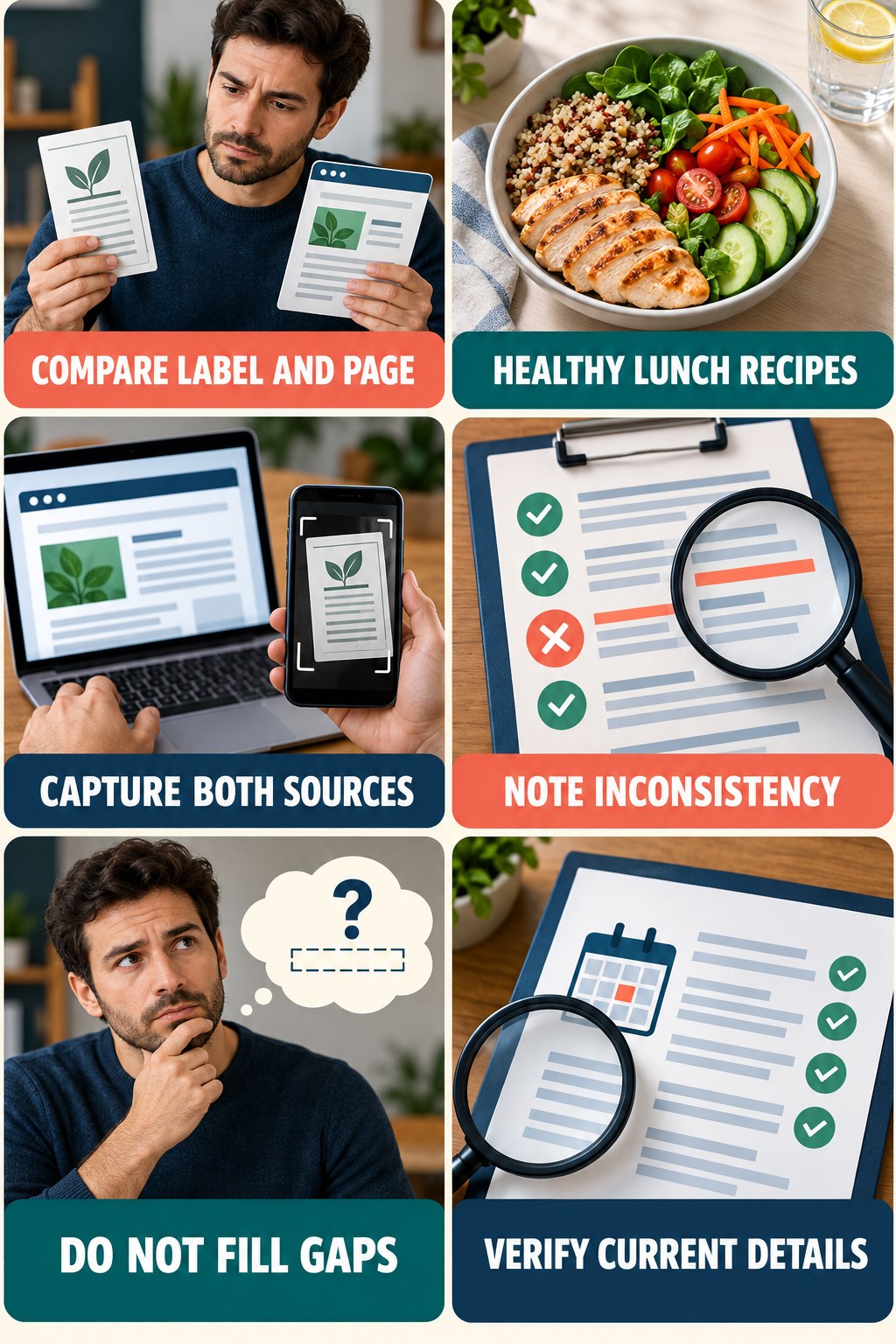 Label and Landing Page Differences Matter evidence-literacy infographic for Healthy Lunch Recipes with four concise claim-evaluation checks.