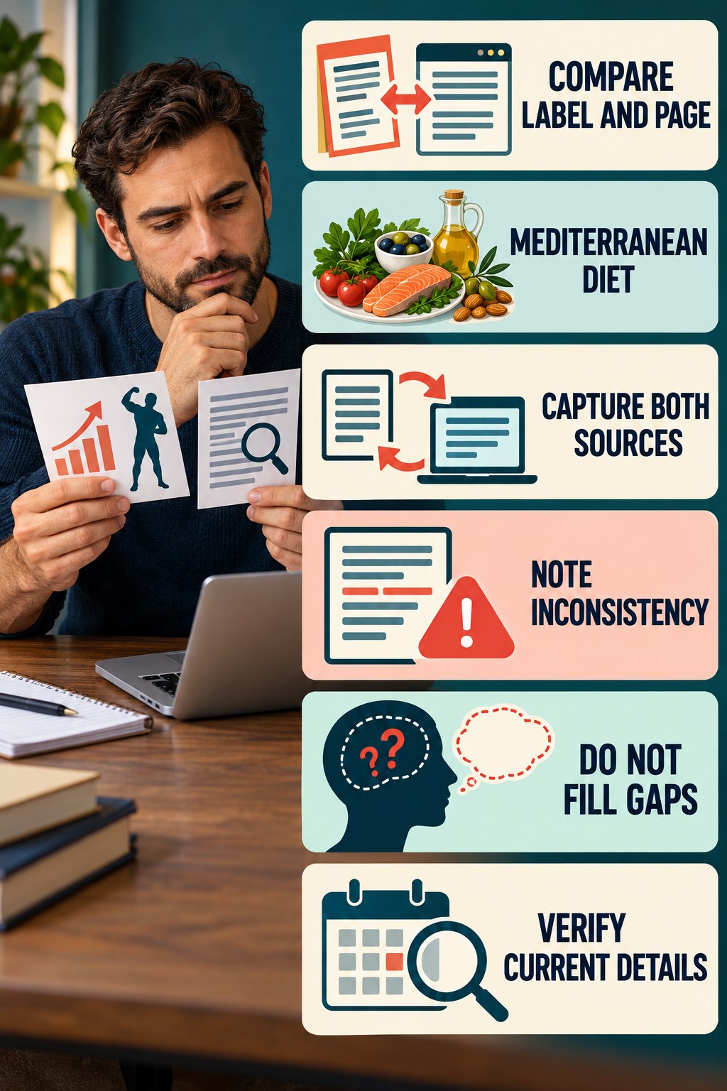 Label and Landing Page Differences Matter evidence-literacy infographic for Mediterranean Diet with four concise claim-evaluation checks.