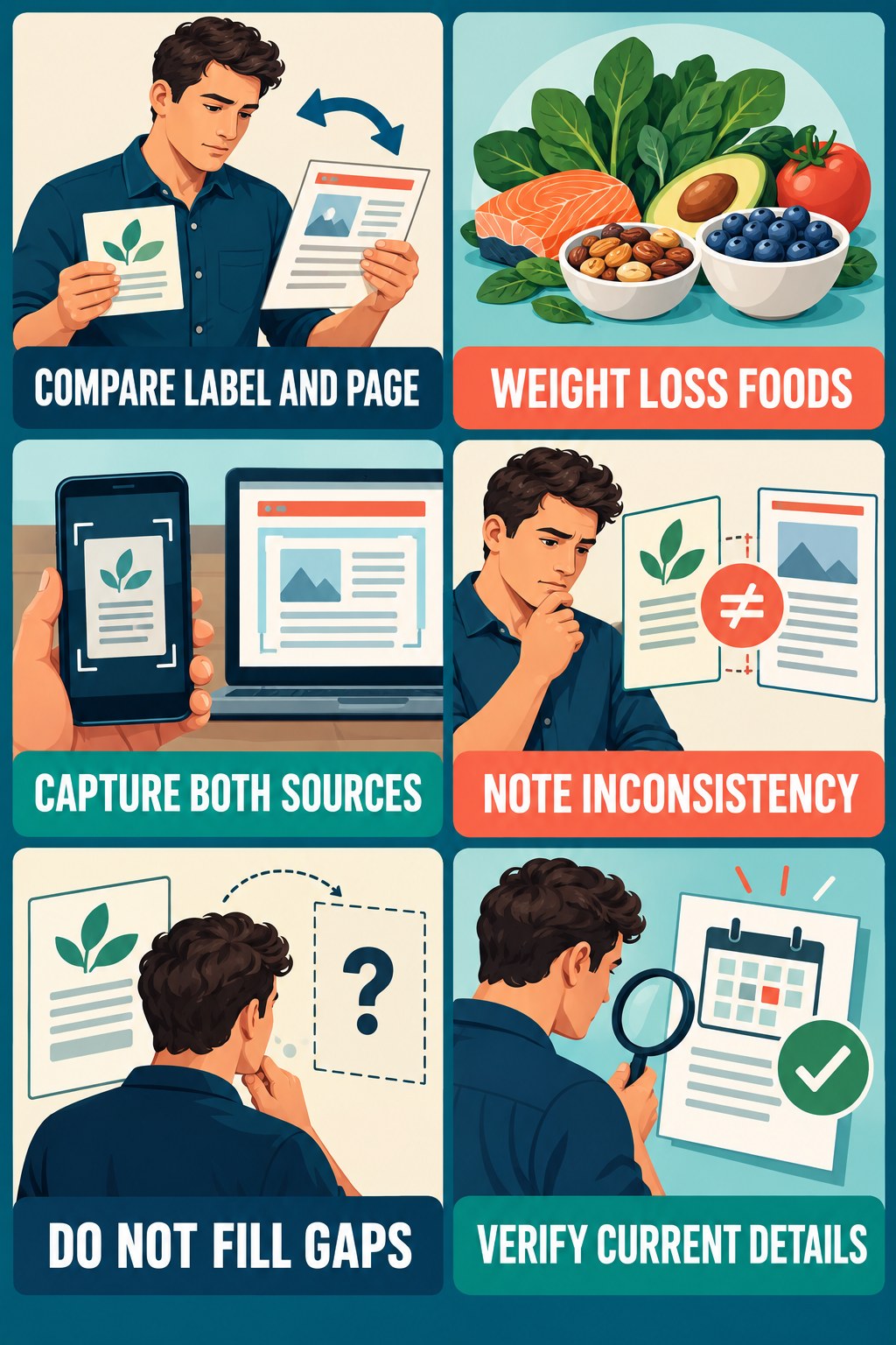 Label and Landing Page Differences Matter evidence-literacy infographic for Weight Loss Foods with four concise claim-evaluation checks.