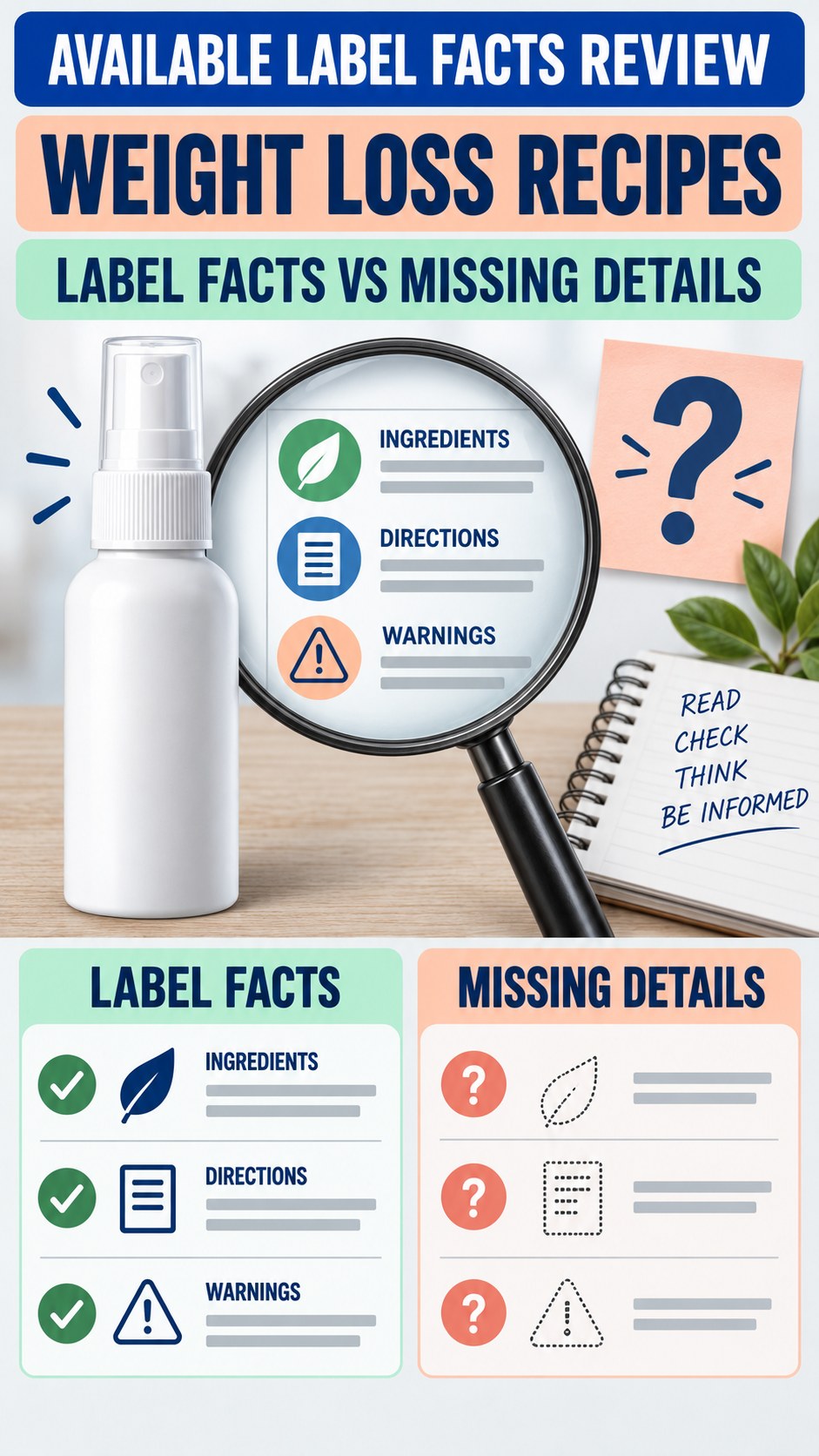 Available Label Facts Review infographic for Weight Loss Recipes, showing a generic spray-label checklist that separates available facts, missing details, and evidence questions.