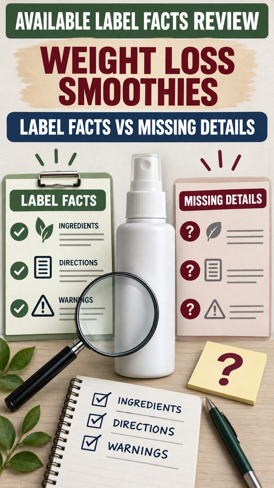 Available Label Facts Review infographic for Weight Loss Smoothies, showing a generic spray-label checklist that separates available facts, missing details, and evidence questions.