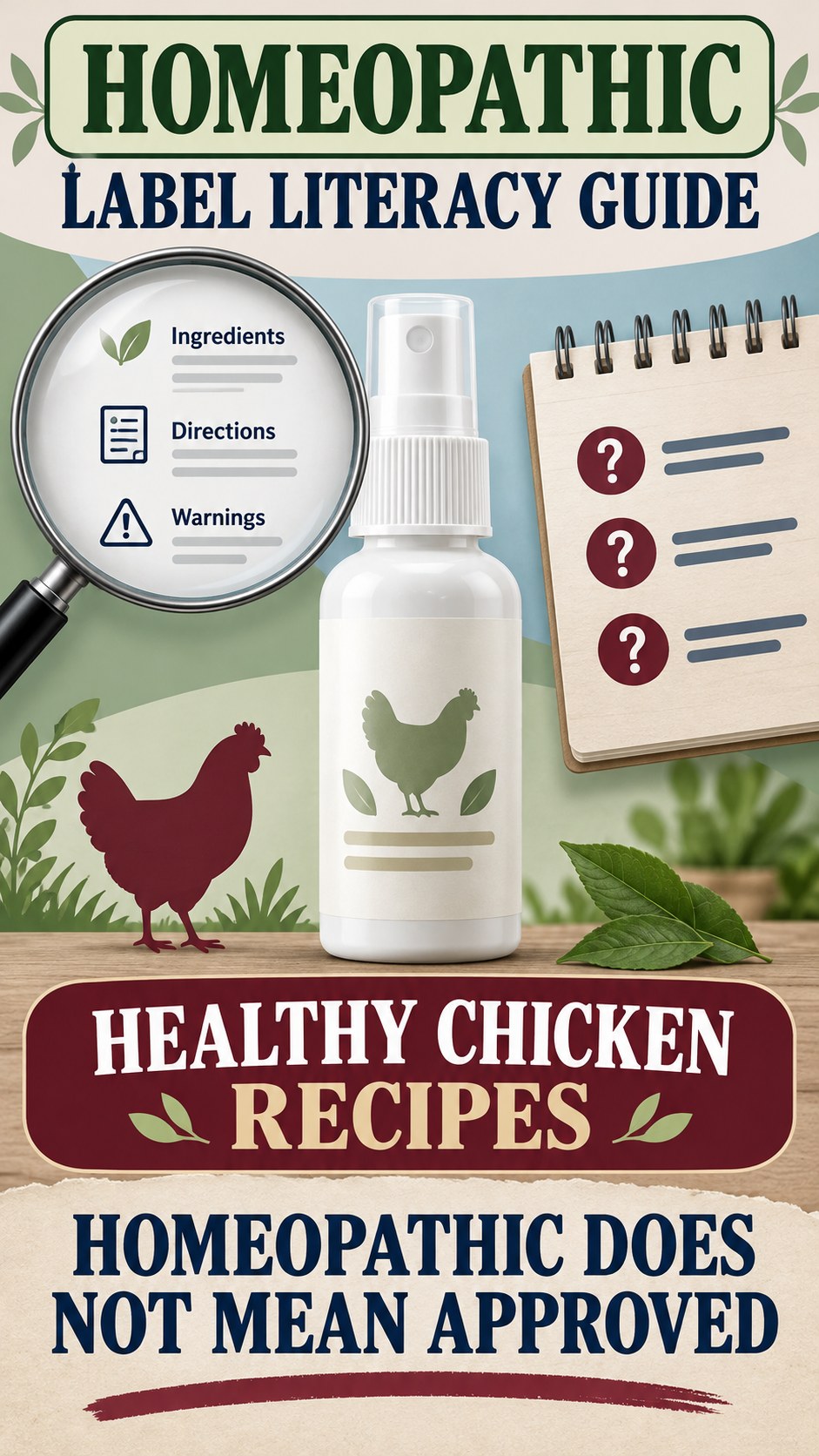 Homeopathic Label Literacy Guide infographic for Healthy Chicken Recipes, showing a generic spray-label checklist that separates available facts, missing details, and evidence questions.