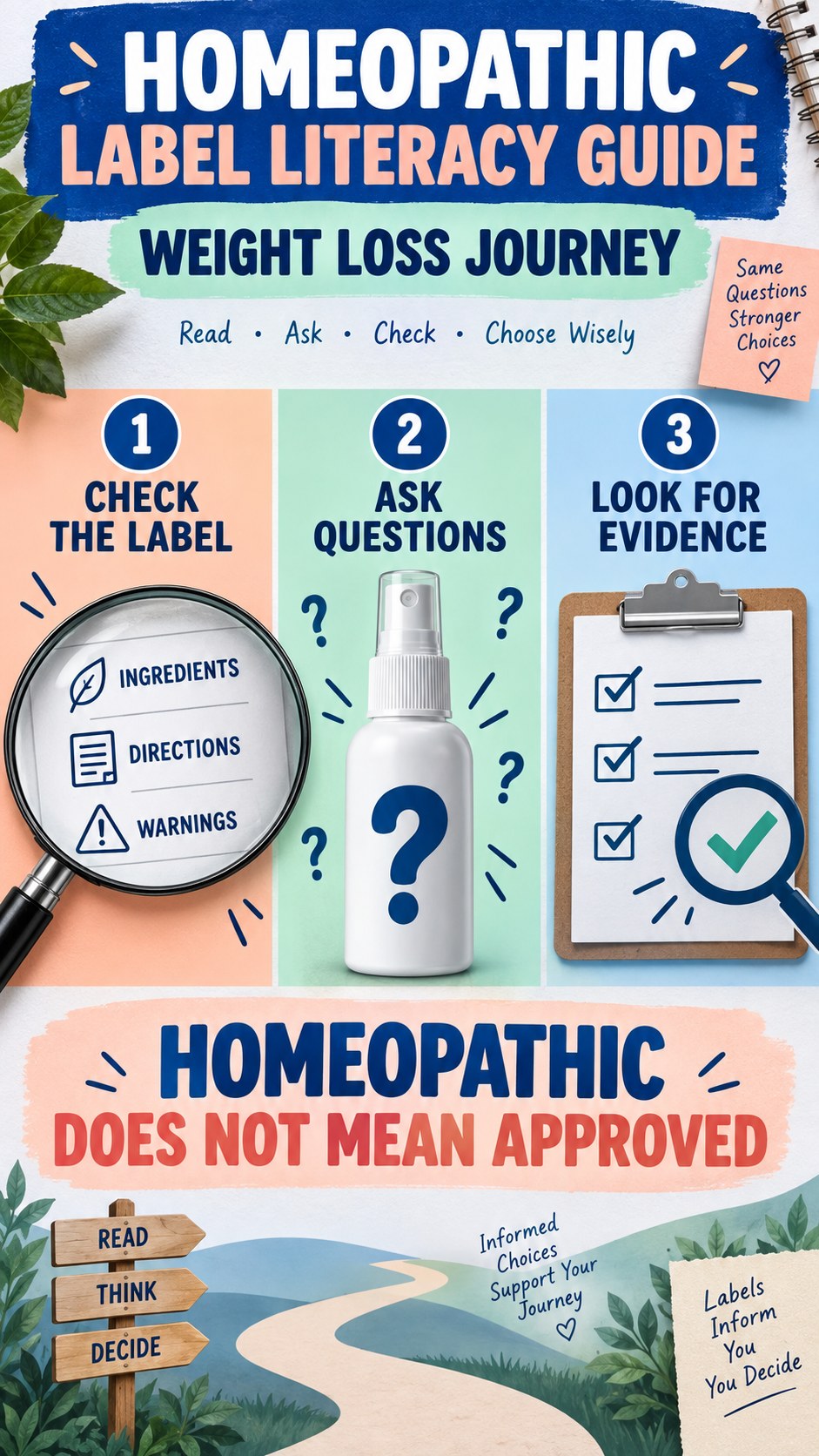 Homeopathic Label Literacy Guide infographic for Weight Loss Journey, showing a generic spray-label checklist that separates available facts, missing details, and evidence questions.