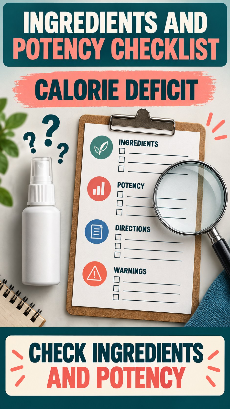 Ingredients and Potency Checklist infographic for Calorie Deficit, showing a generic spray-label checklist that separates available facts, missing details, and evidence questions.
