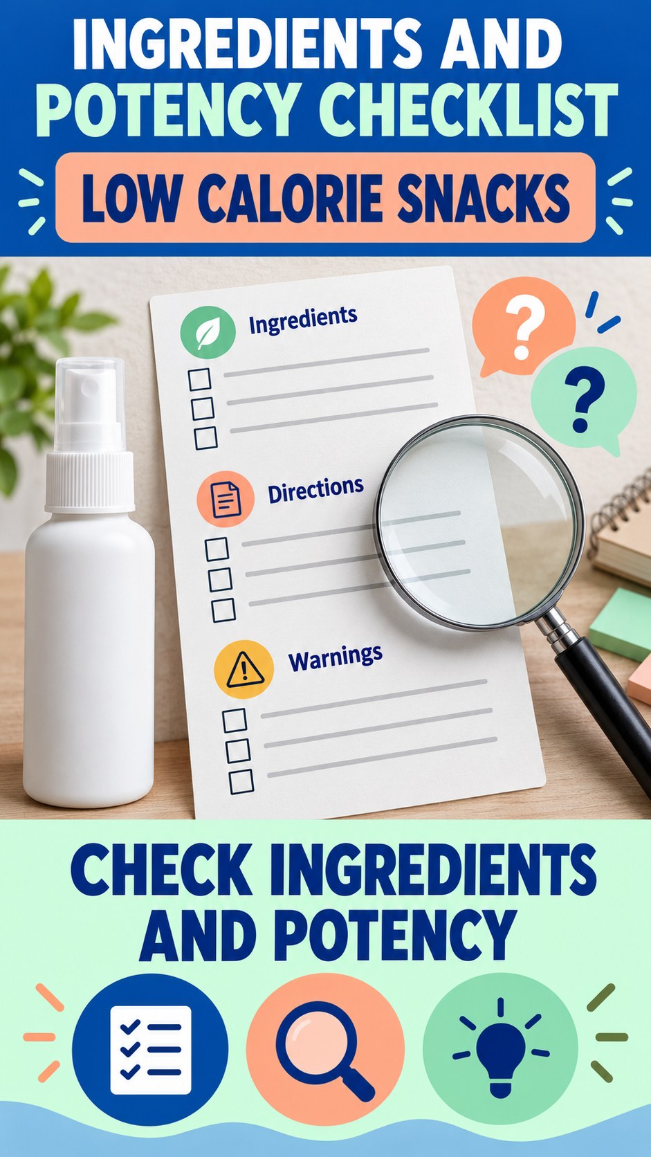 Ingredients and Potency Checklist infographic for Low Calorie Snacks, showing a generic spray-label checklist that separates available facts, missing details, and evidence questions.
