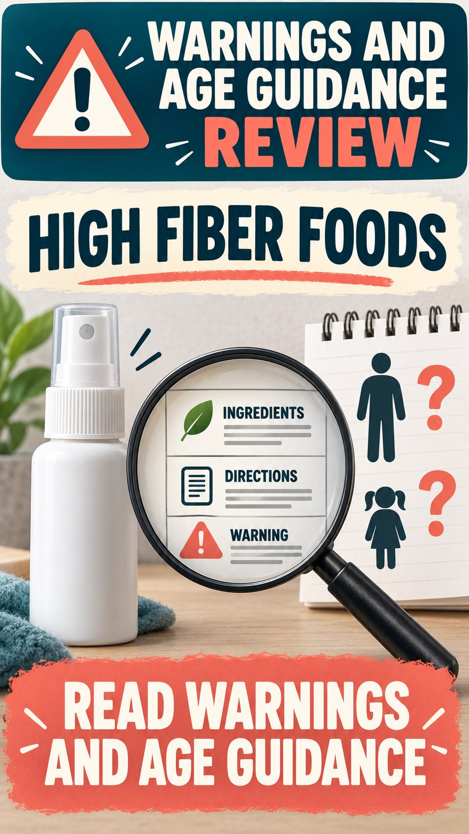 Warnings and Age Guidance Review infographic for High Fiber Foods, showing a generic spray-label checklist that separates available facts, missing details, and evidence questions.