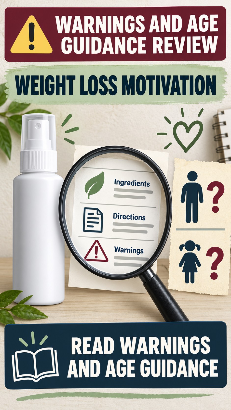 Warnings and Age Guidance Review infographic for Weight Loss Motivation, showing a generic spray-label checklist that separates available facts, missing details, and evidence questions.