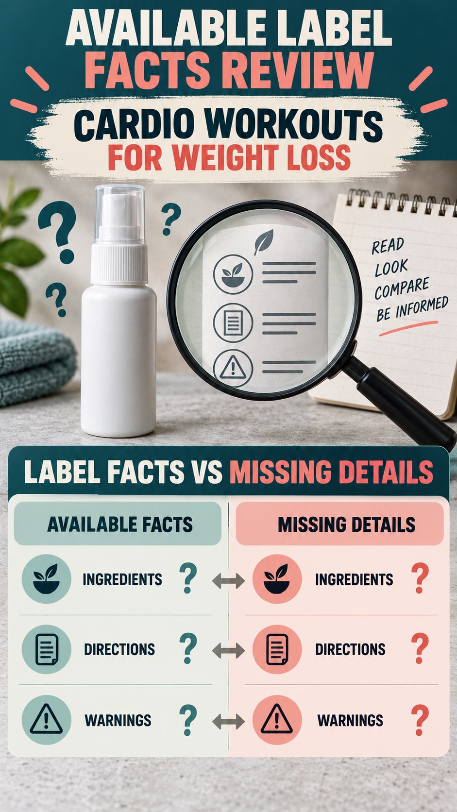 Available Label Facts Review infographic for Cardio Workouts for Weight Loss, showing a generic spray-label checklist that separates available facts, missing details, and evidence questions.