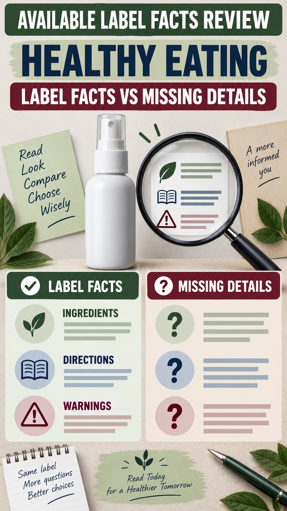 Available Label Facts Review infographic for Healthy Eating, showing a generic spray-label checklist that separates available facts, missing details, and evidence questions.