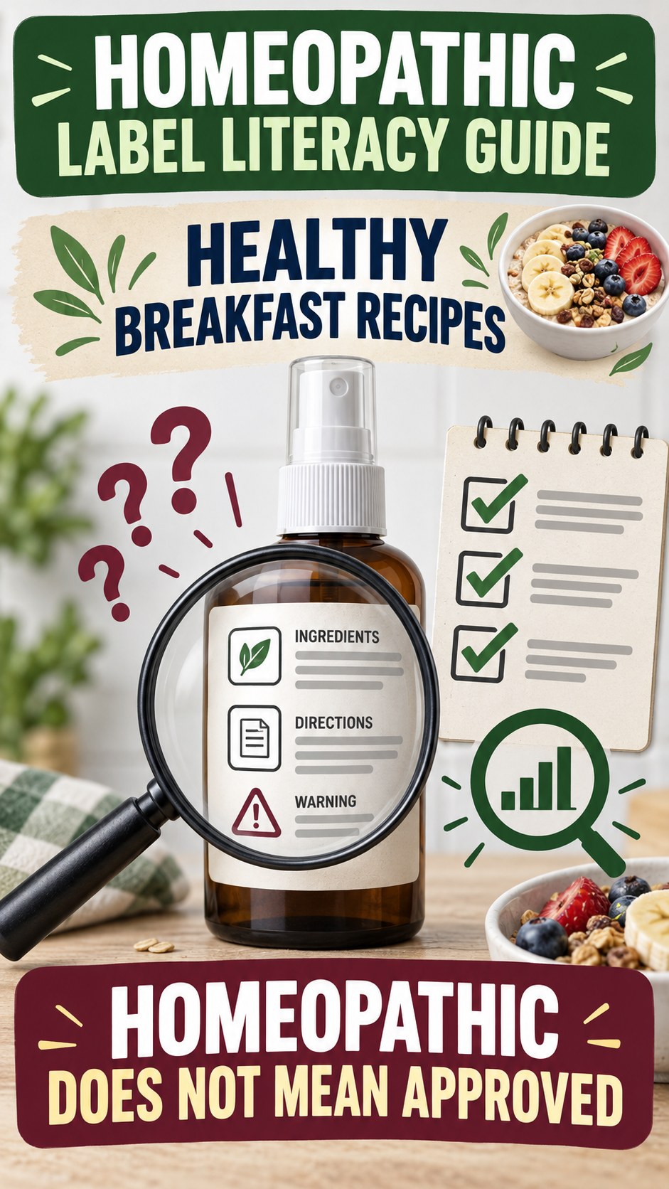 Homeopathic Label Literacy Guide infographic for Healthy Breakfast Recipes, showing a generic spray-label checklist that separates available facts, missing details, and evidence questions.