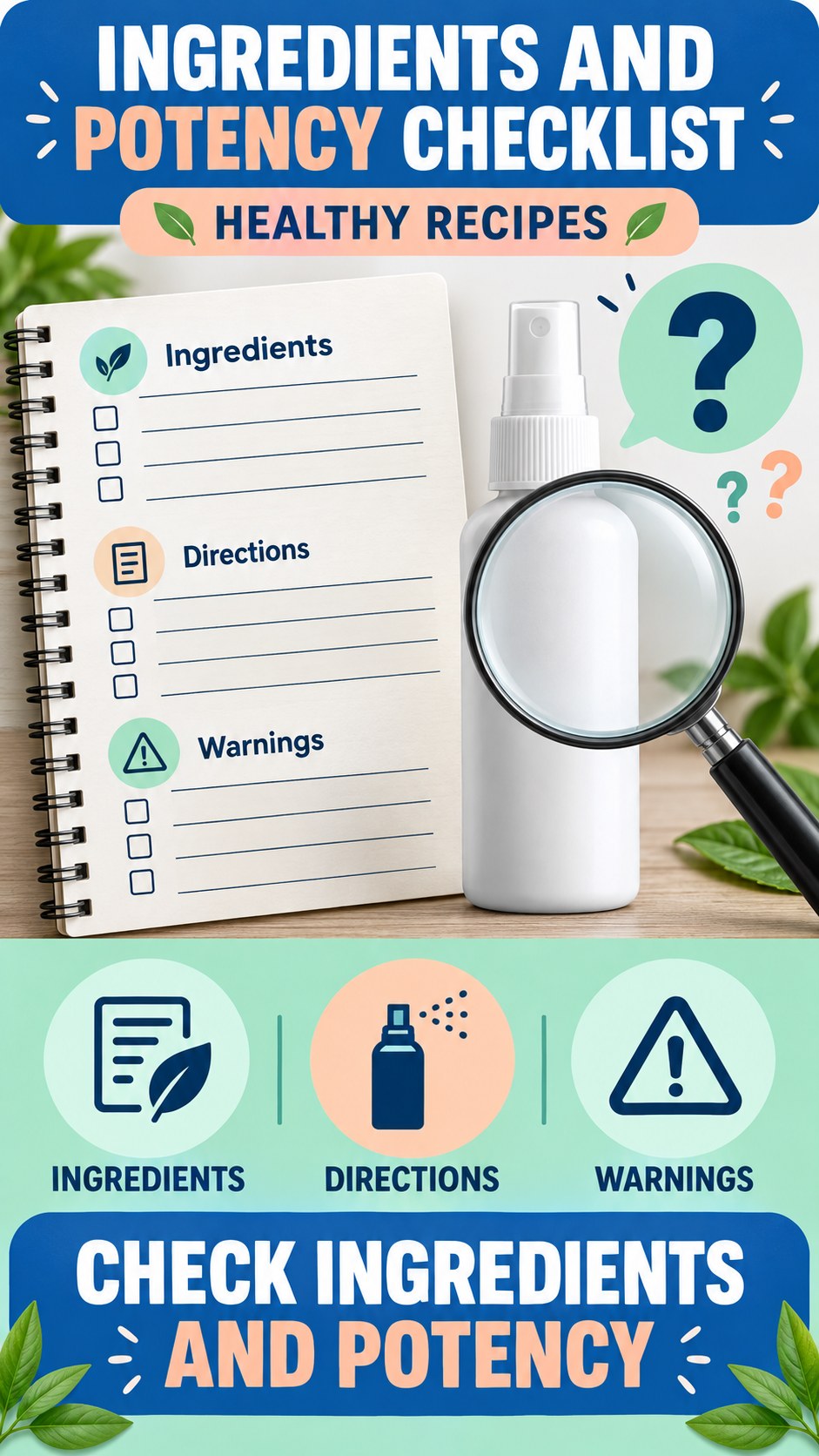 Ingredients and Potency Checklist infographic for Healthy Recipes, showing a generic spray-label checklist that separates available facts, missing details, and evidence questions.