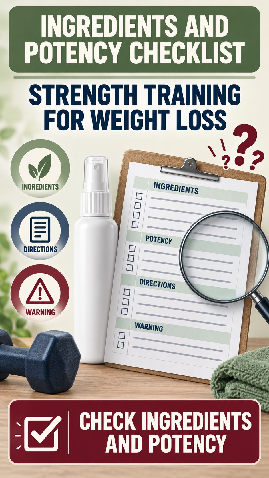 Ingredients and Potency Checklist infographic for Strength Training for Weight Loss, showing a generic spray-label checklist that separates available facts, missing details, and evidence questions.