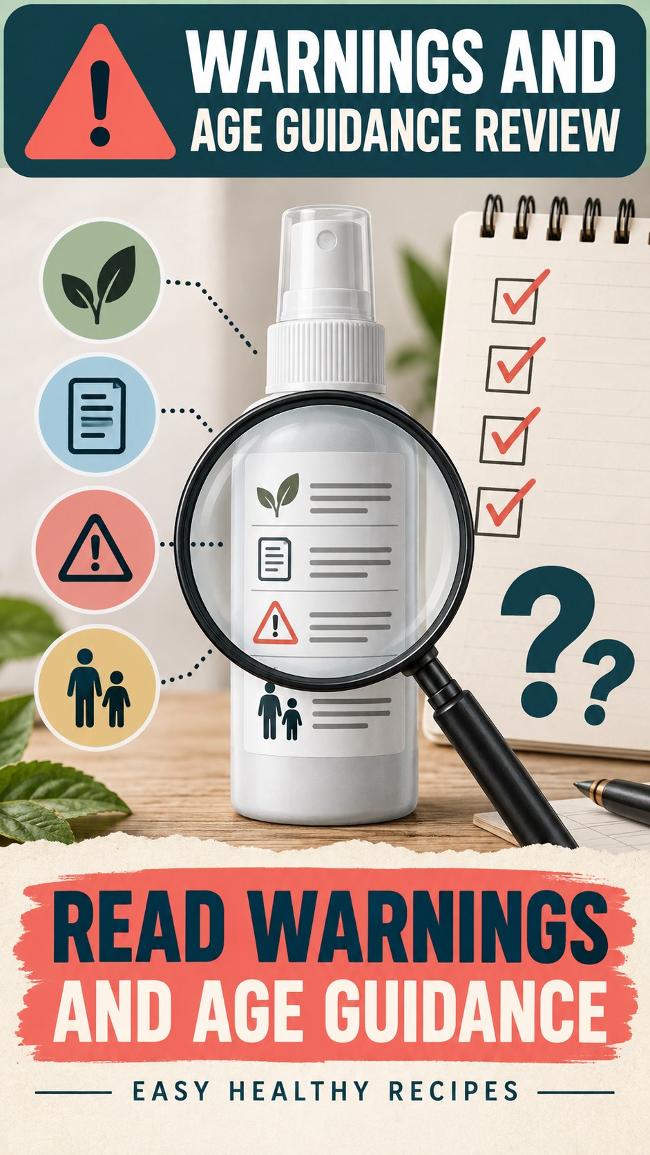 Warnings and Age Guidance Review infographic for Easy Healthy Recipes, showing a generic spray-label checklist that separates available facts, missing details, and evidence questions.