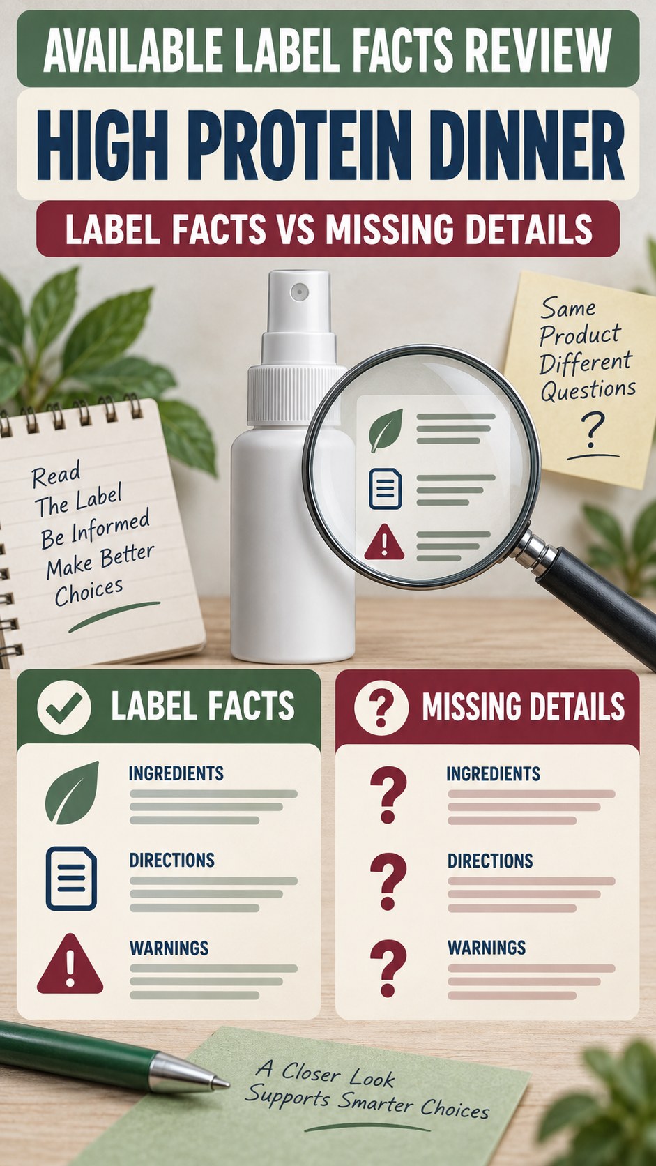 Available Label Facts Review infographic for High Protein Dinner, showing a generic spray-label checklist that separates available facts, missing details, and evidence questions.