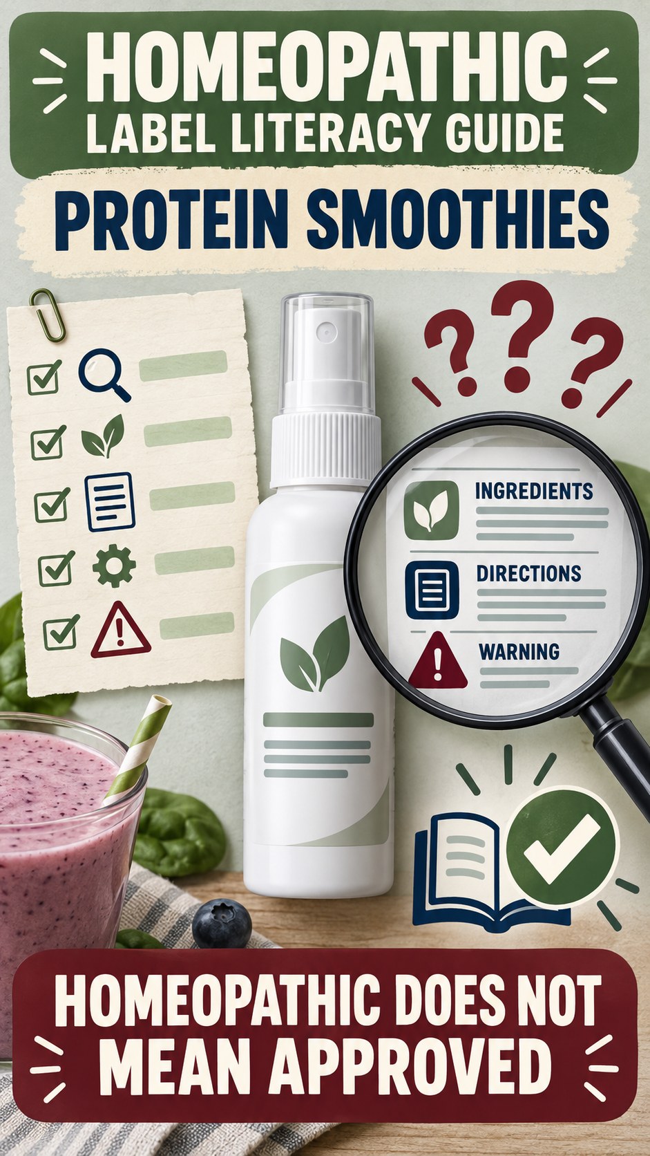 Homeopathic Label Literacy Guide infographic for Protein Smoothies, showing a generic spray-label checklist that separates available facts, missing details, and evidence questions.