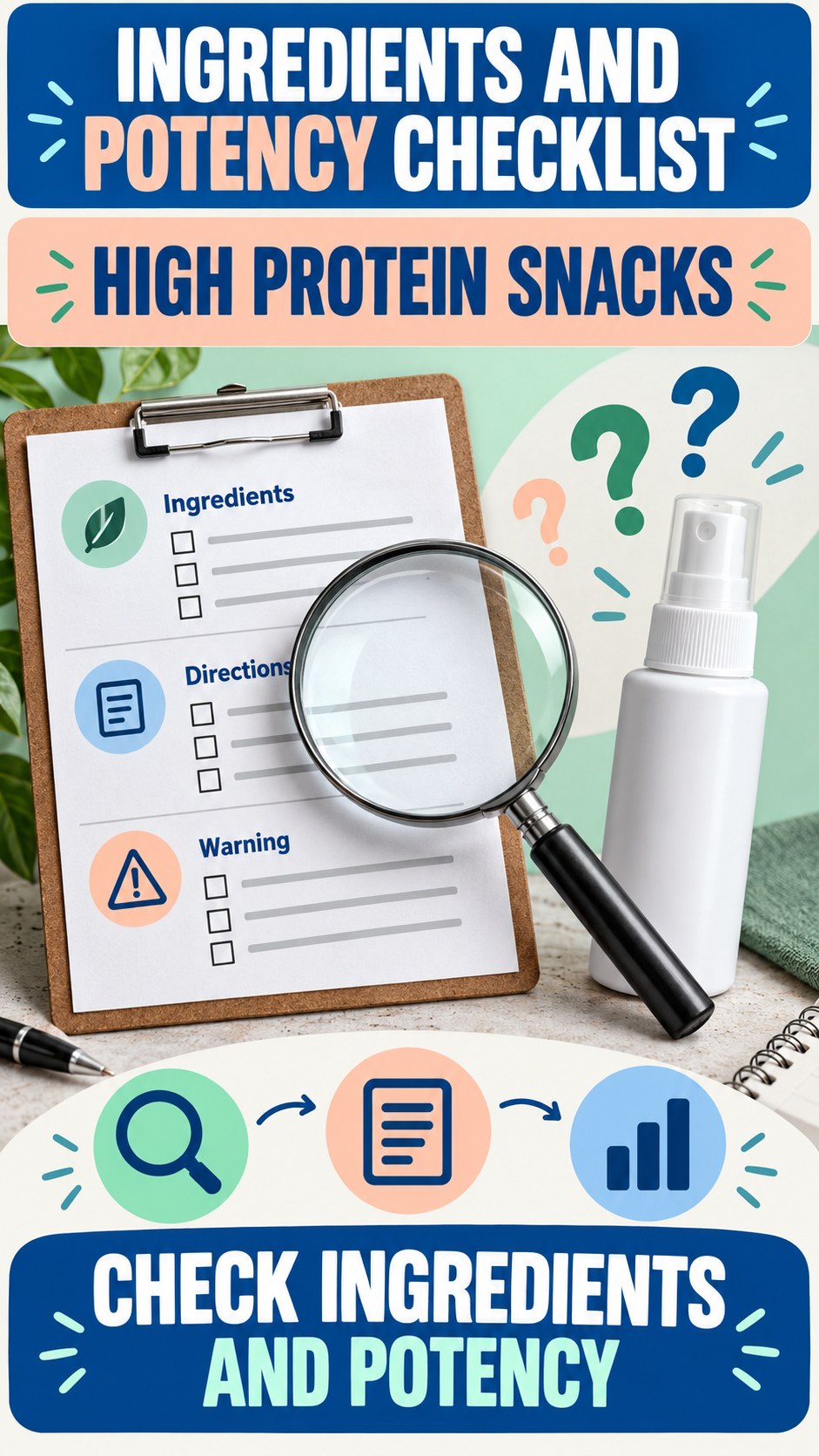 Ingredients and Potency Checklist infographic for High Protein Snacks, showing a generic spray-label checklist that separates available facts, missing details, and evidence questions.