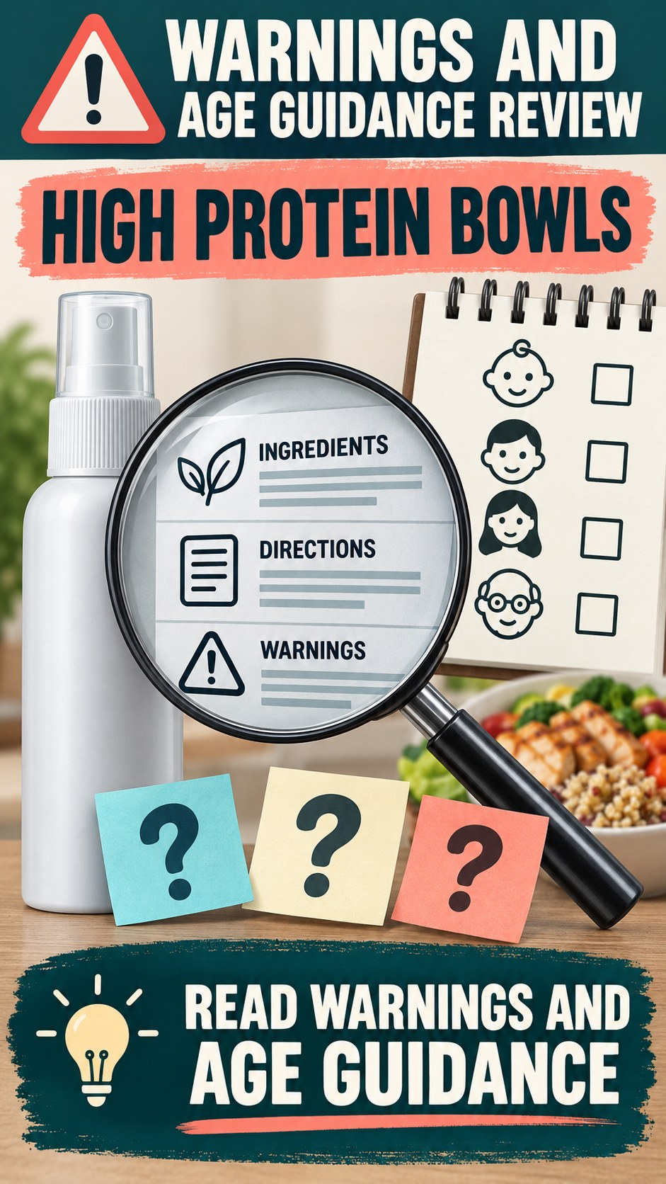 Warnings and Age Guidance Review infographic for High Protein Bowls, showing a generic spray-label checklist that separates available facts, missing details, and evidence questions.