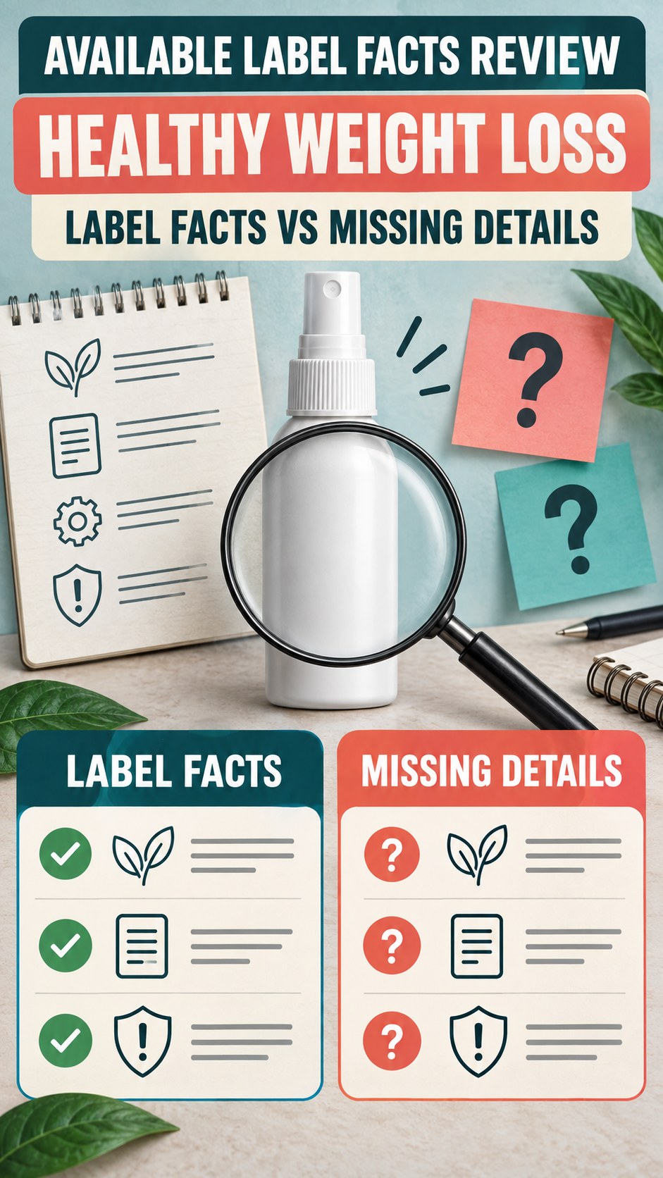 Available Label Facts Review infographic for Healthy Weight Loss, showing a generic spray-label checklist that separates available facts, missing details, and evidence questions.