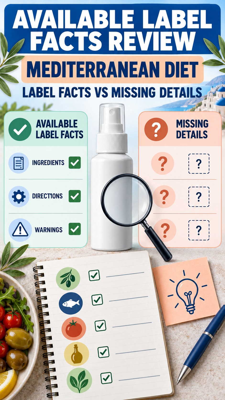 Available Label Facts Review infographic for Mediterranean Diet, showing a generic spray-label checklist that separates available facts, missing details, and evidence questions.