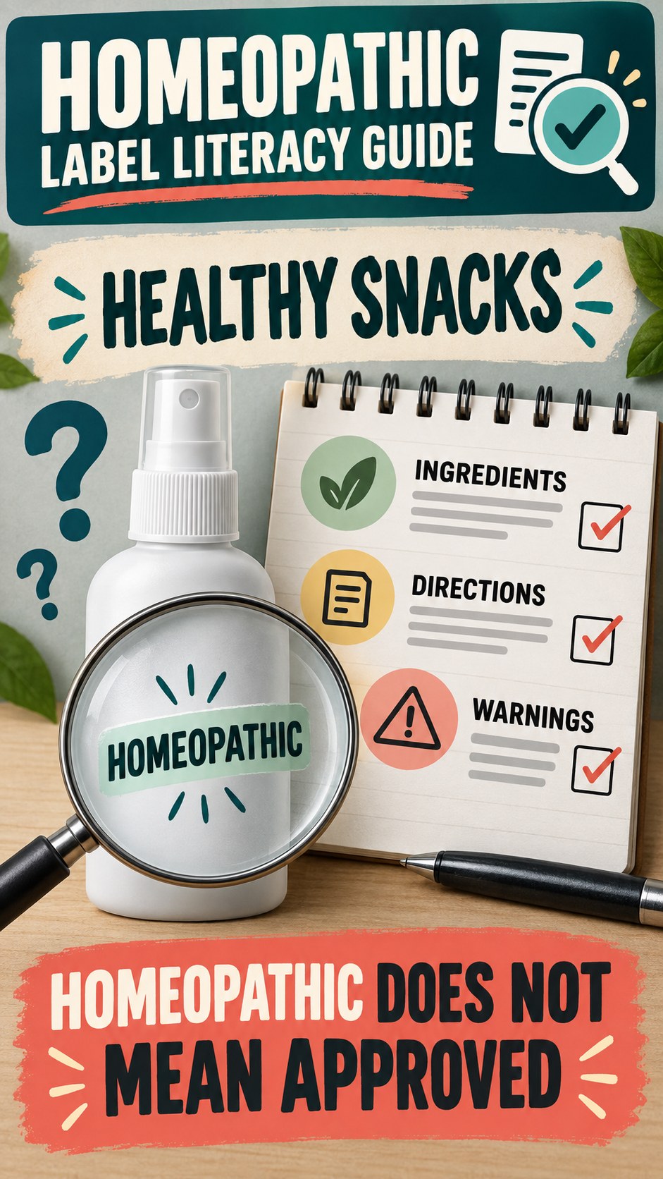 Homeopathic Label Literacy Guide infographic for Healthy Snacks, showing a generic spray-label checklist that separates available facts, missing details, and evidence questions.