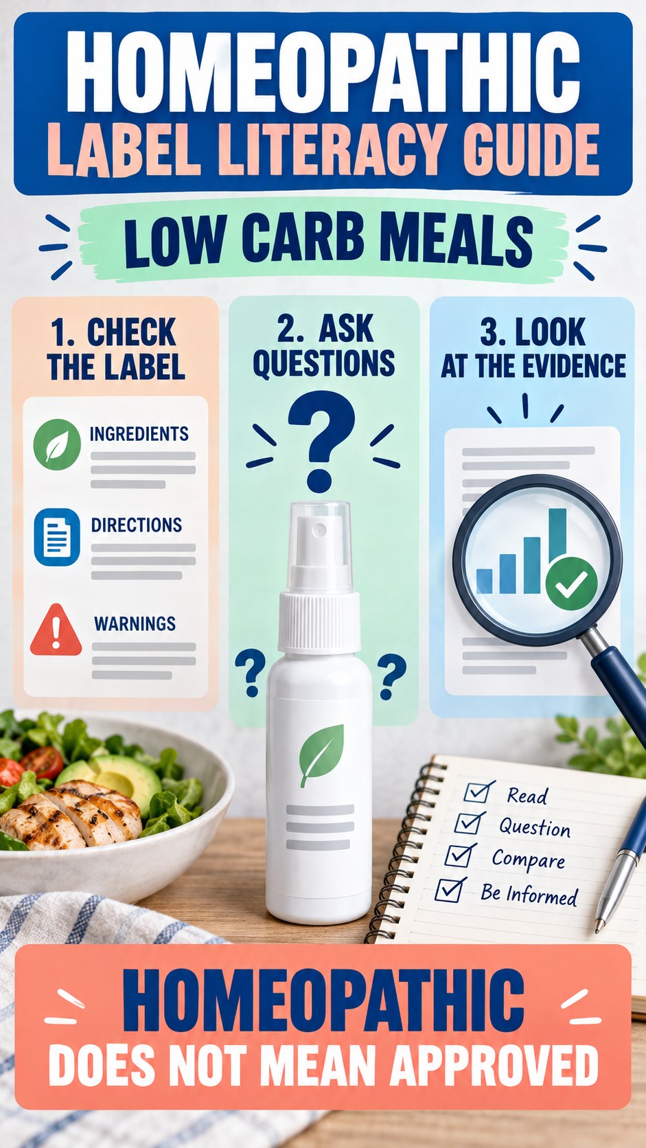 Homeopathic Label Literacy Guide infographic for Low Carb Meals, showing a generic spray-label checklist that separates available facts, missing details, and evidence questions.