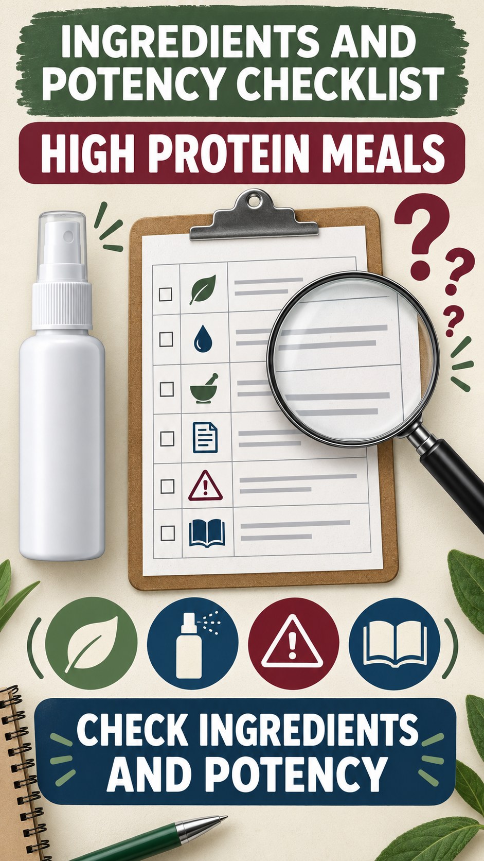 Ingredients and Potency Checklist infographic for High Protein Meals, showing a generic spray-label checklist that separates available facts, missing details, and evidence questions.
