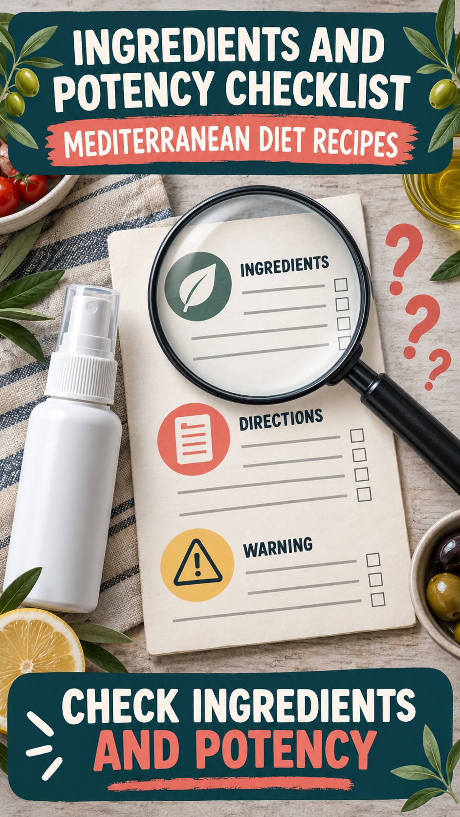 Ingredients and Potency Checklist infographic for Mediterranean Diet Recipes, showing a generic spray-label checklist that separates available facts, missing details, and evidence questions.
