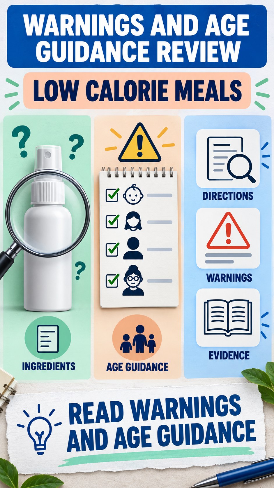 Warnings and Age Guidance Review infographic for Low Calorie Meals, showing a generic spray-label checklist that separates available facts, missing details, and evidence questions.
