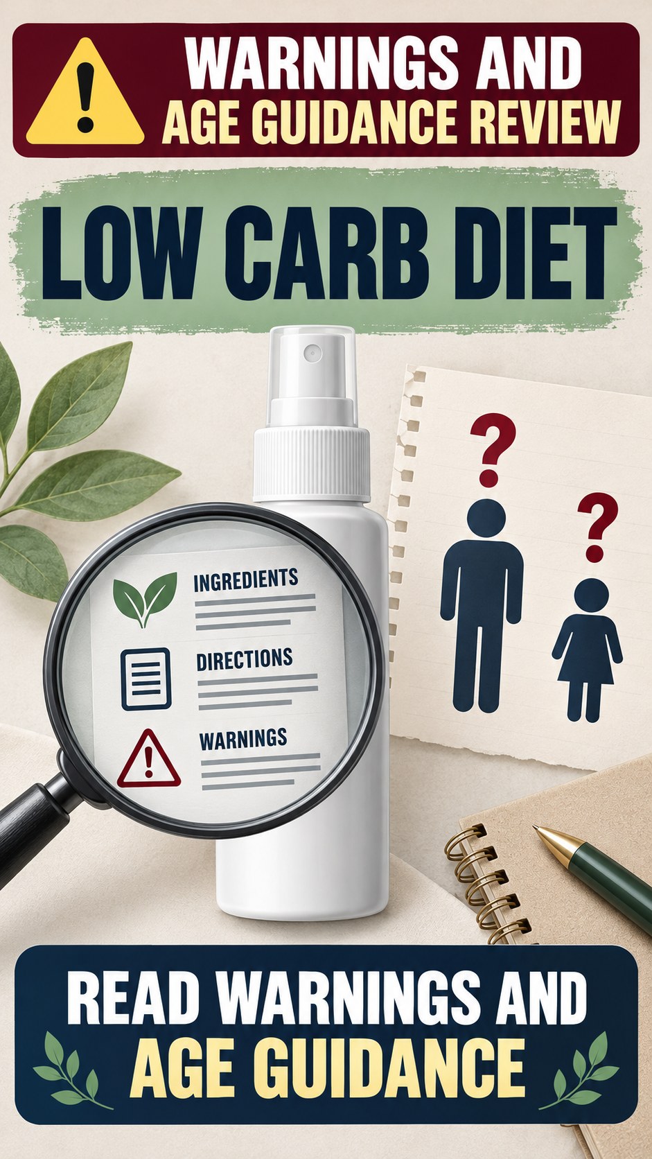 Warnings and Age Guidance Review infographic for Low Carb Diet, showing a generic spray-label checklist that separates available facts, missing details, and evidence questions.