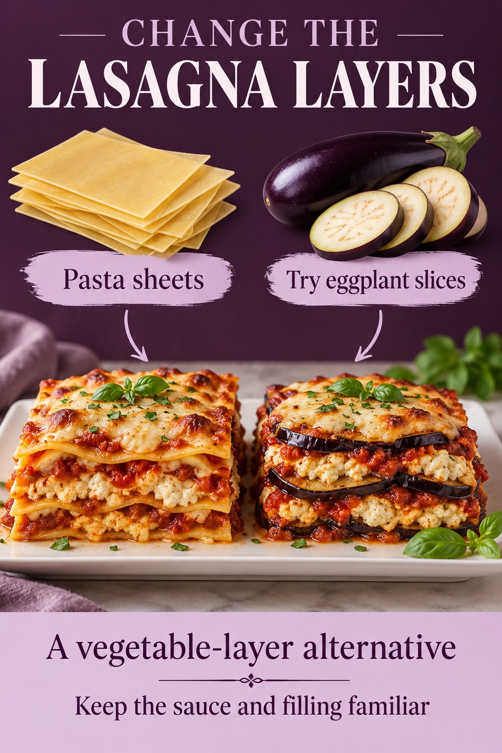 Plum lasagna graphic compares pasta sheets and eggplant slices with matching tomato and ricotta layered servings.